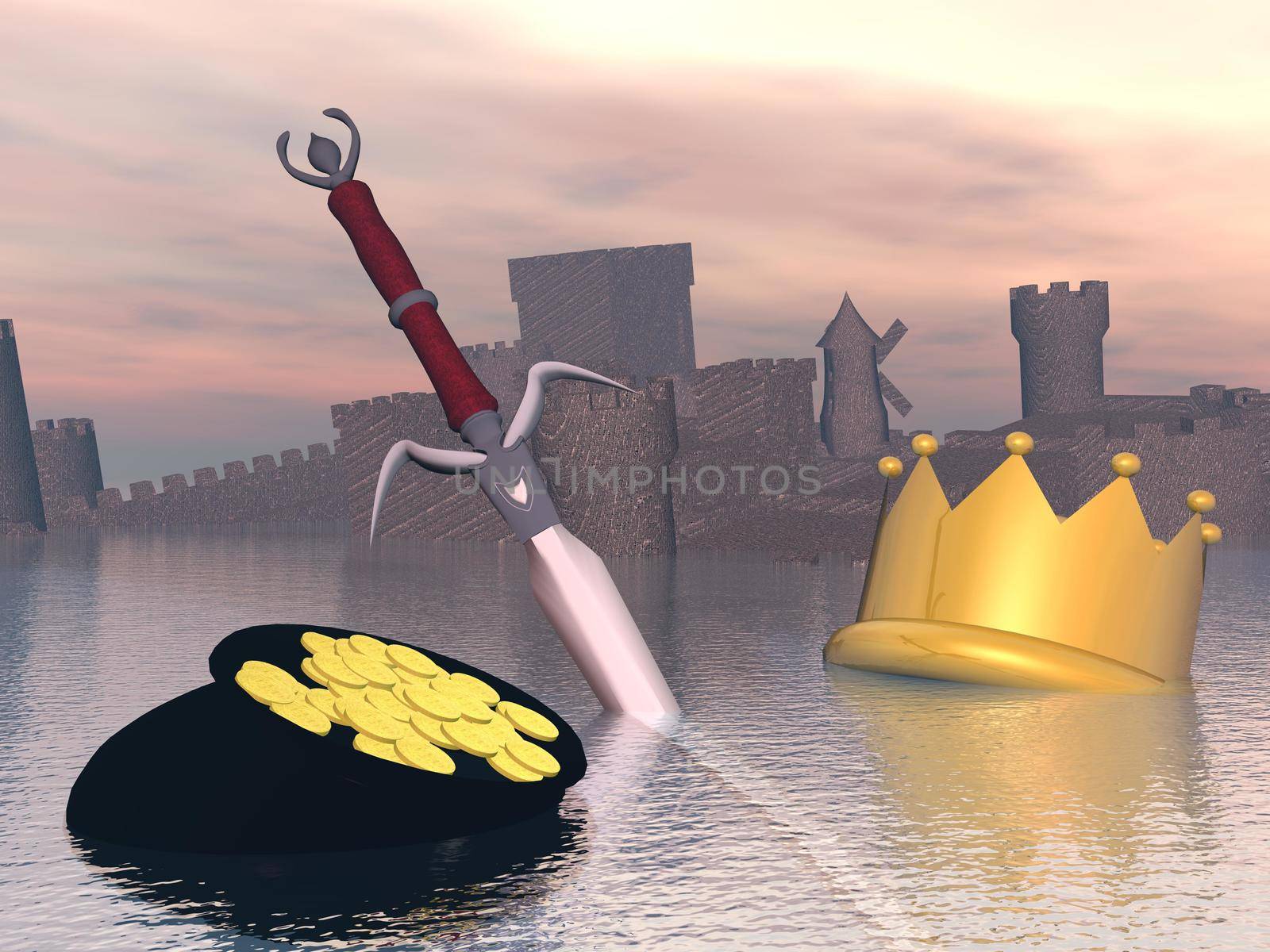 Golden crown, sword, money and castle drowning in water by sunset light