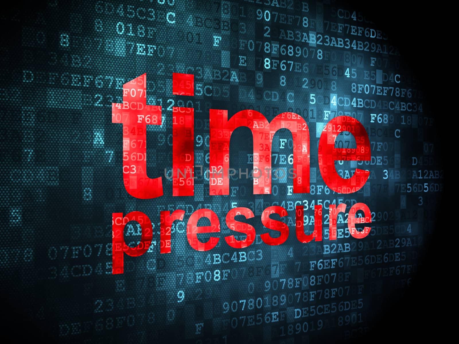 Time concept: pixelated words Time Pressure on digital background, 3d render