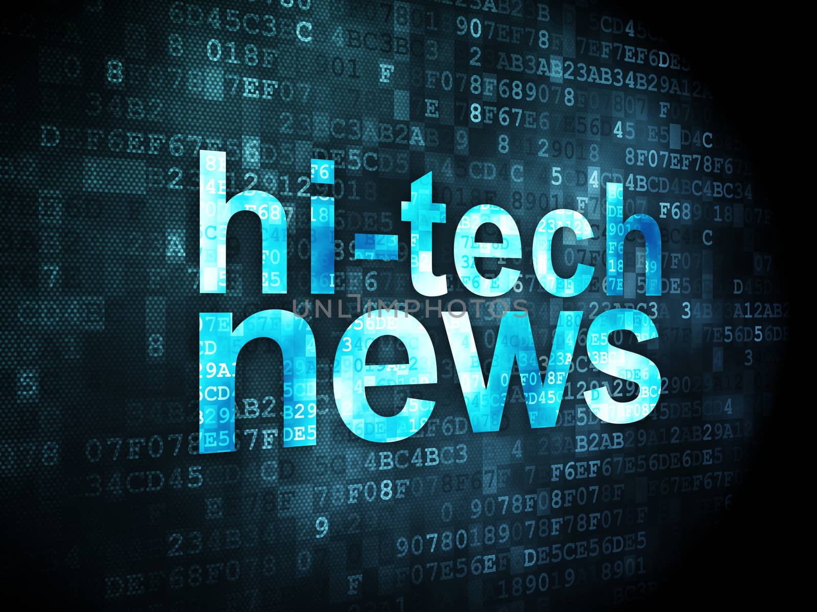 News concept: pixelated words Hi-tech News on digital background, 3d render