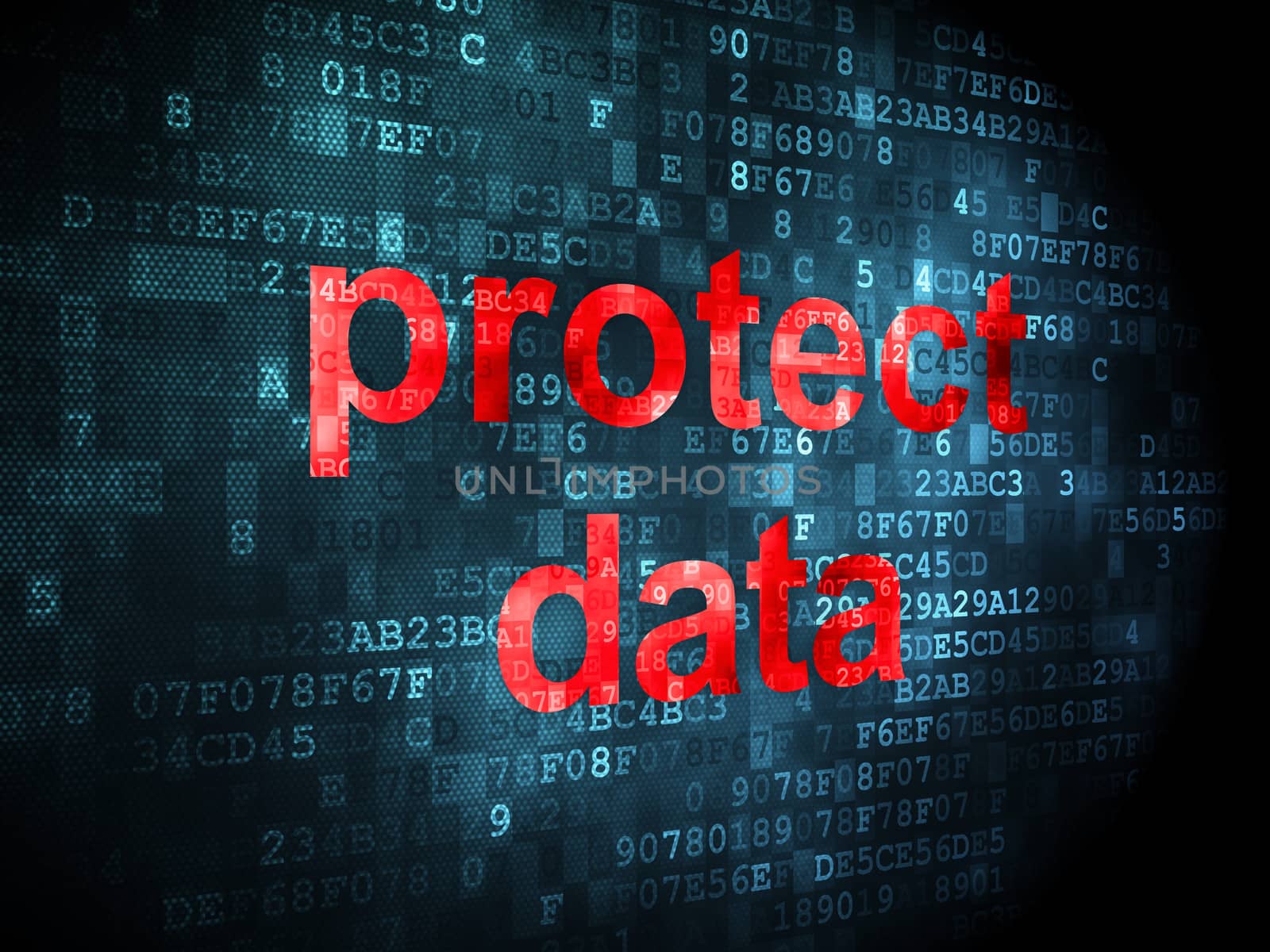 Protection concept: pixelated words Protect Data on digital background, 3d render