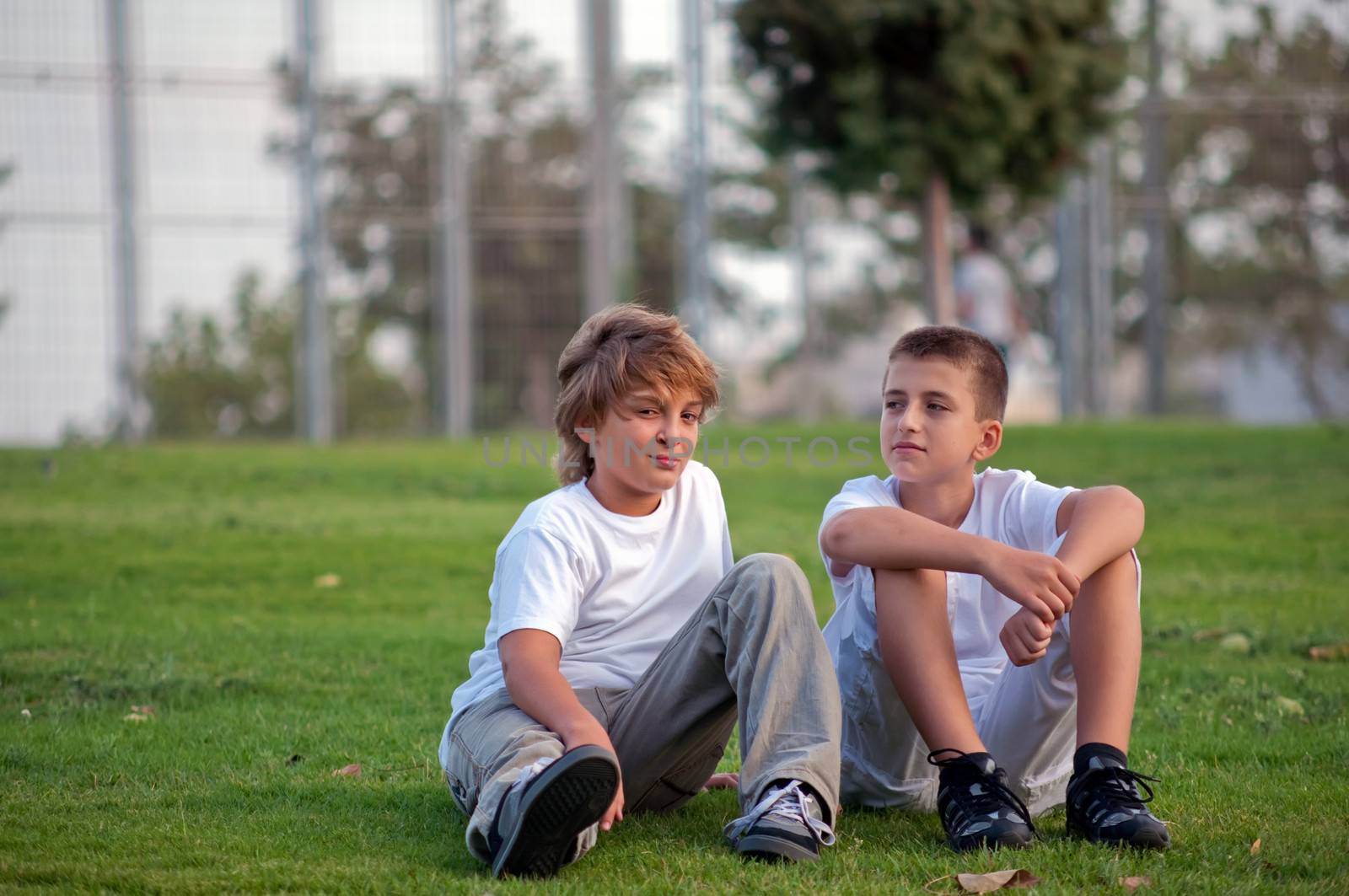 Portrait of two boys on the grass in the park  .