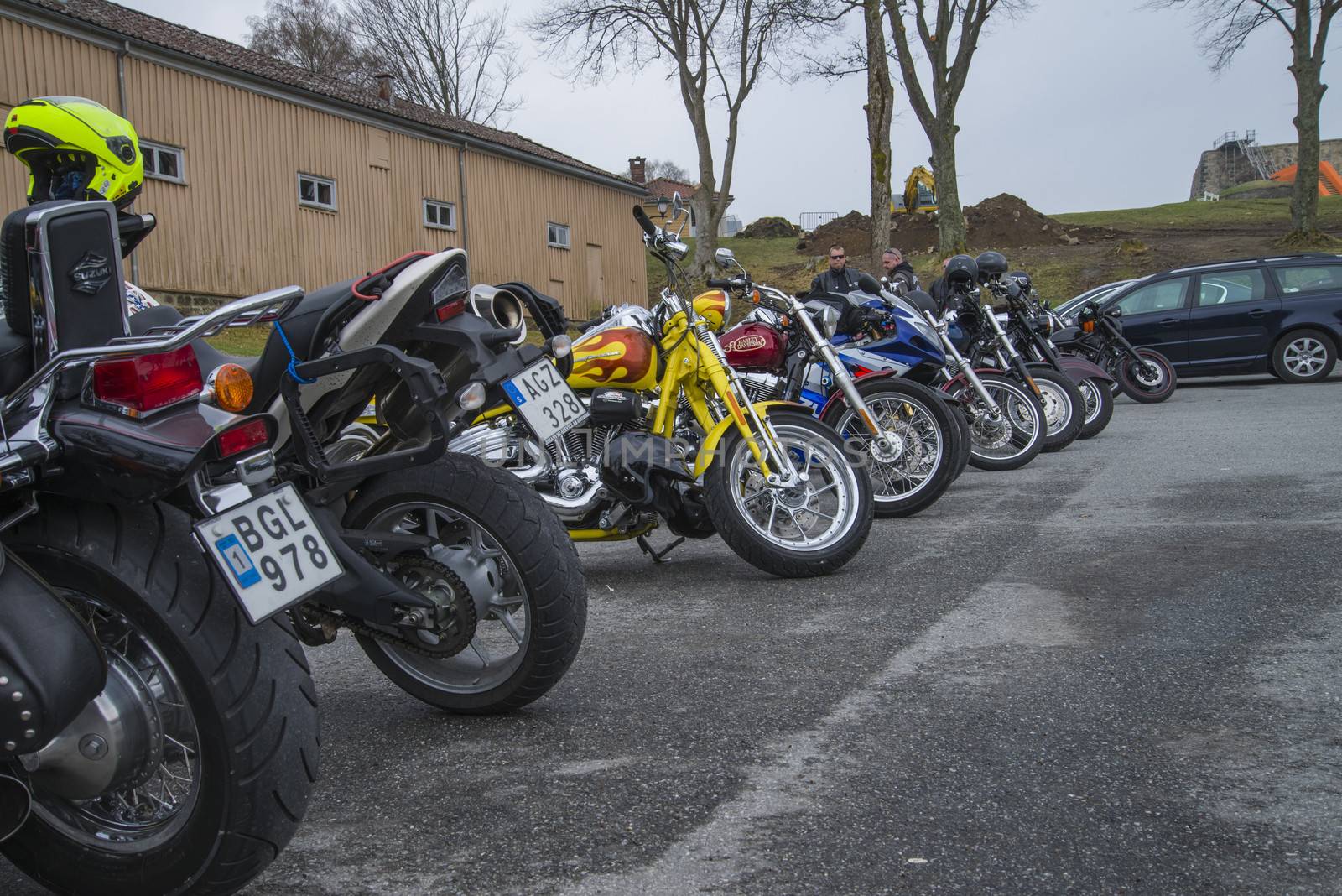 Every year in May there is a motorcycle meeting at Fredriksten fortress in Halden, Norway. In this photo several bikes lined up