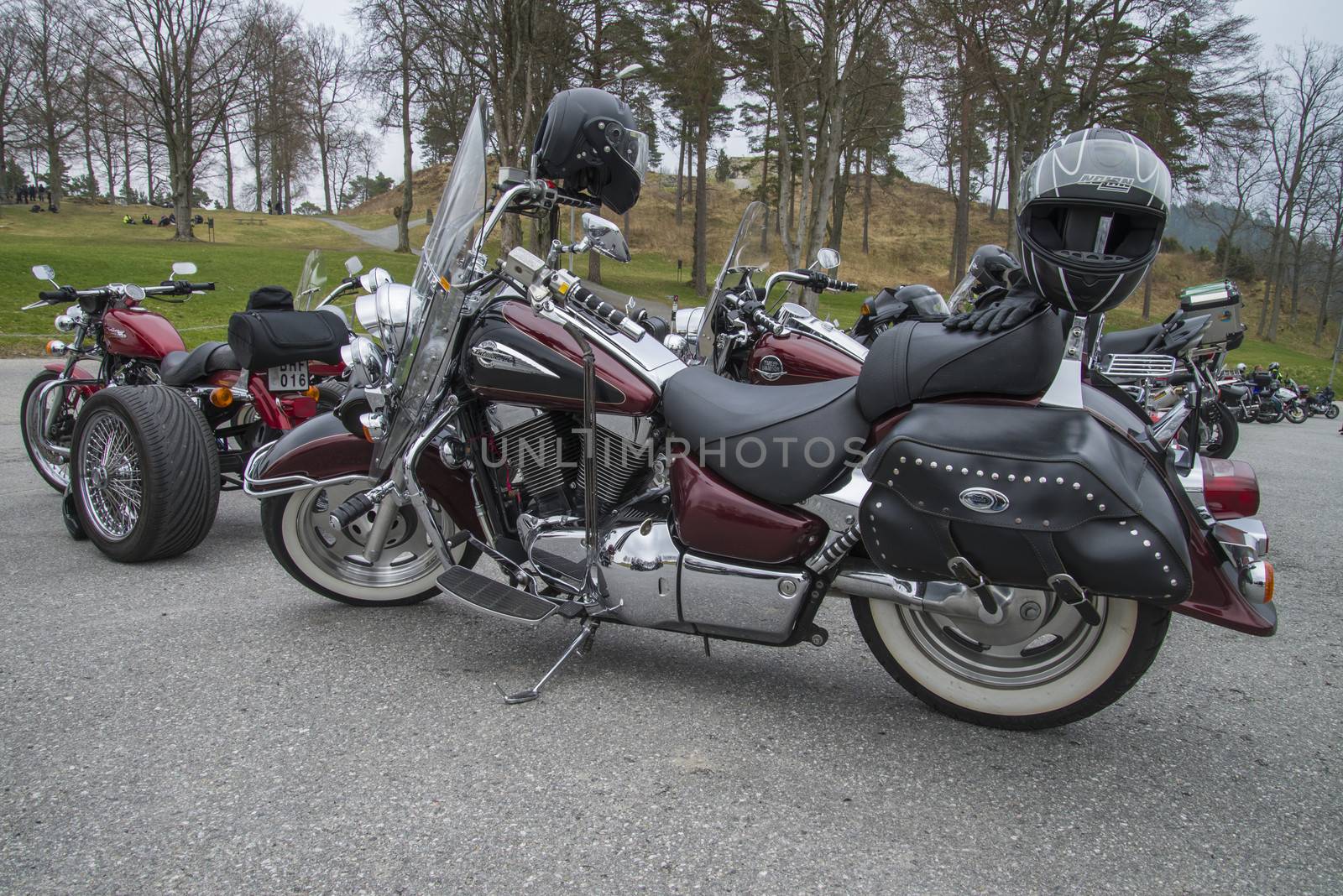 Every year in May there is a motorcycle meeting at Fredriksten fortress in Halden, Norway. In this photo several bikes lined up