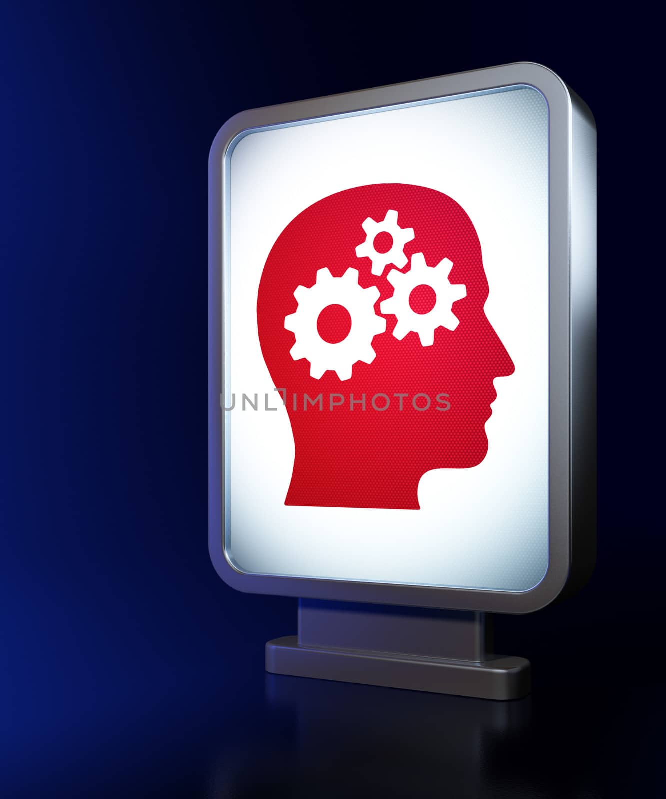 Data concept: Head With Gears on advertising billboard background, 3d render