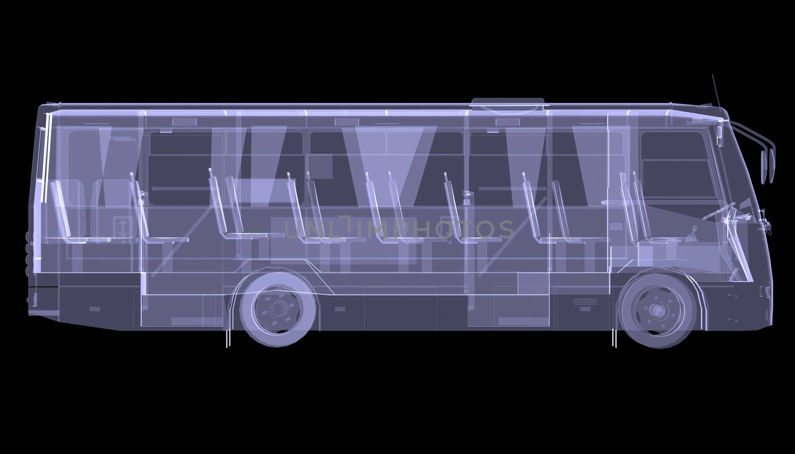 Big bus. X-ray. Isolated 3d render on black background