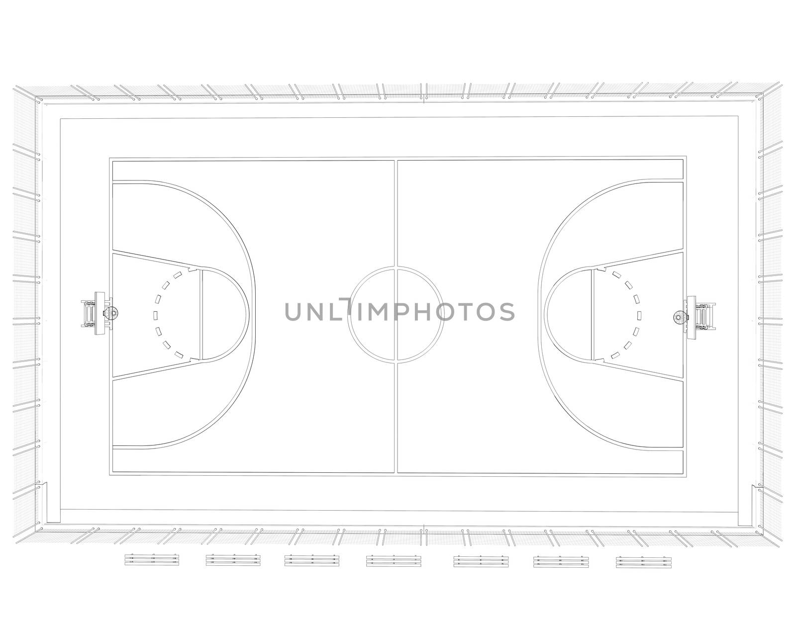 Basketball court. Wire frame. 3d render isolated on a black background