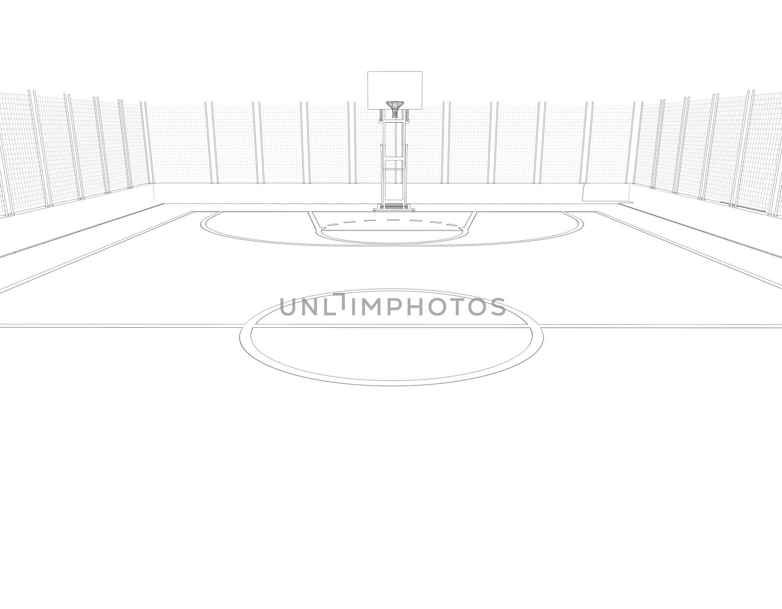 Basketball court. Wire frame. 3d render isolated on a black background