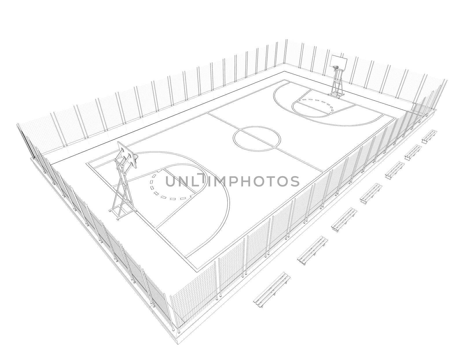 Basketball court. Wire frame. 3d render isolated on a black background