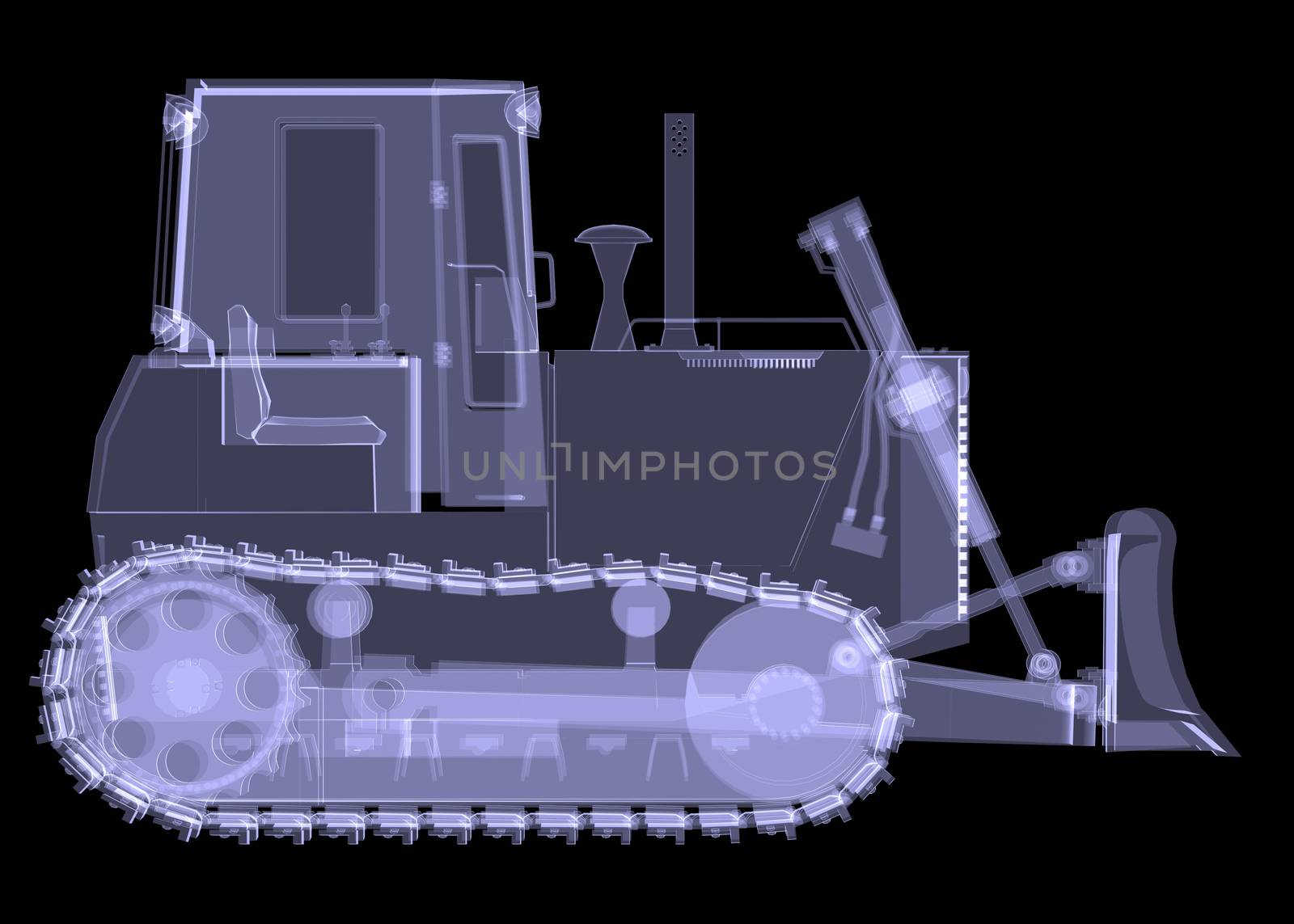 Bulldozer. X-ray. 3d render isolated on a black background