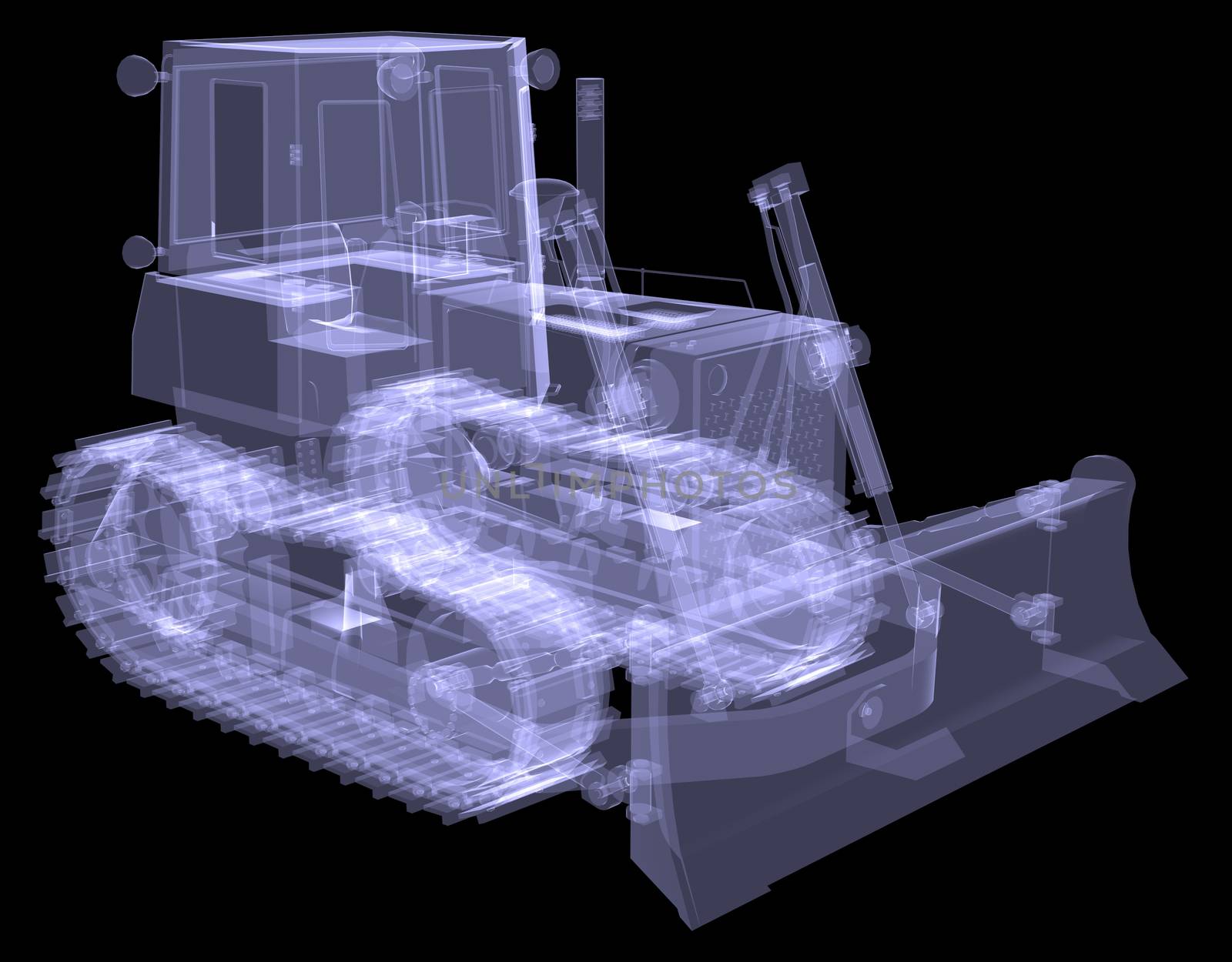 Bulldozer. X-ray. 3d render isolated on a black background