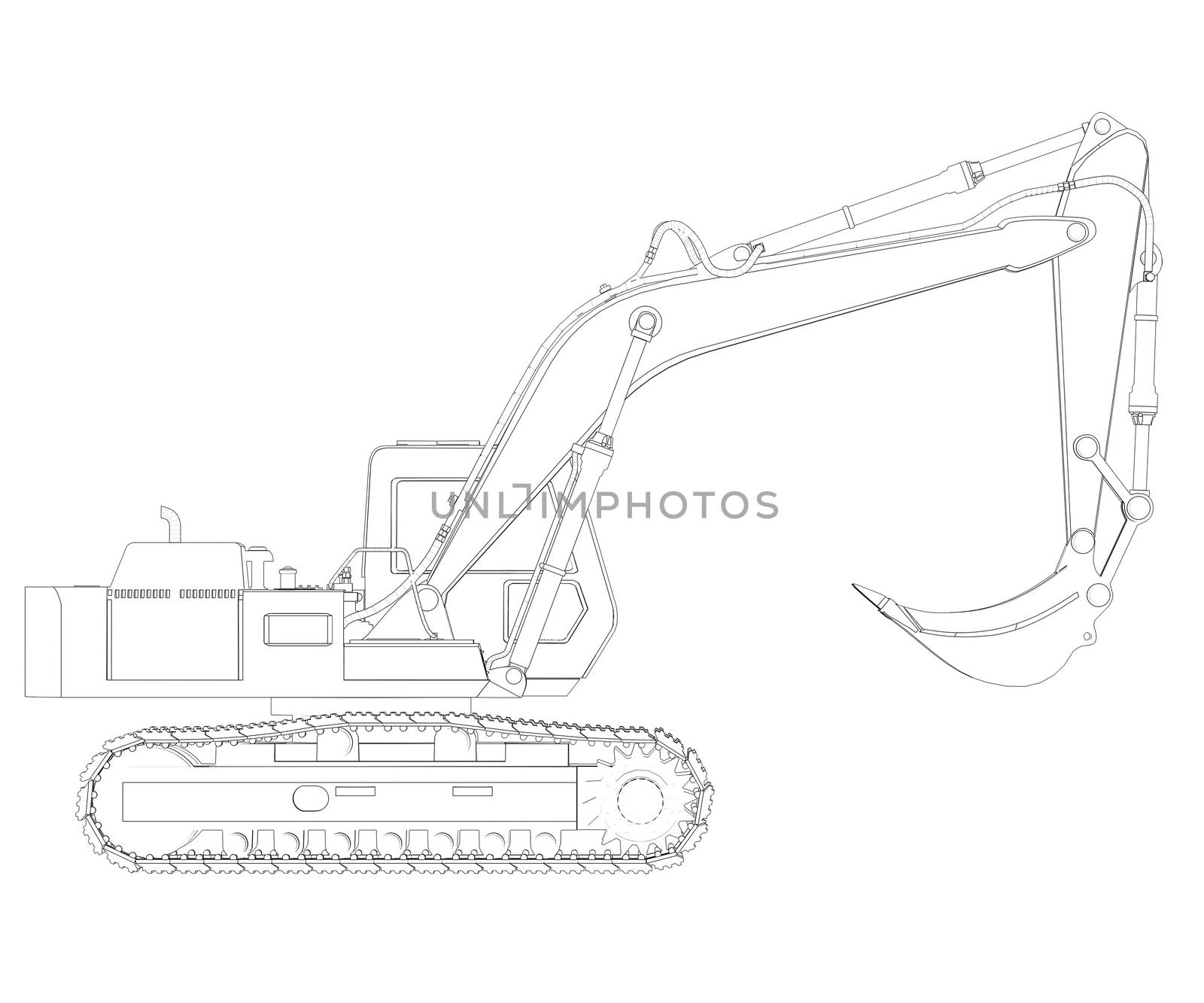 Excavator. Wire frame. 3d render isolated on a white background