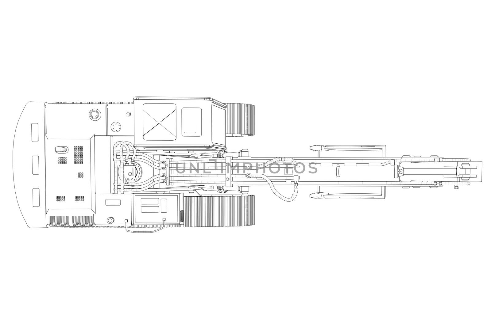 Excavator. Wire frame. 3d render isolated on a white background