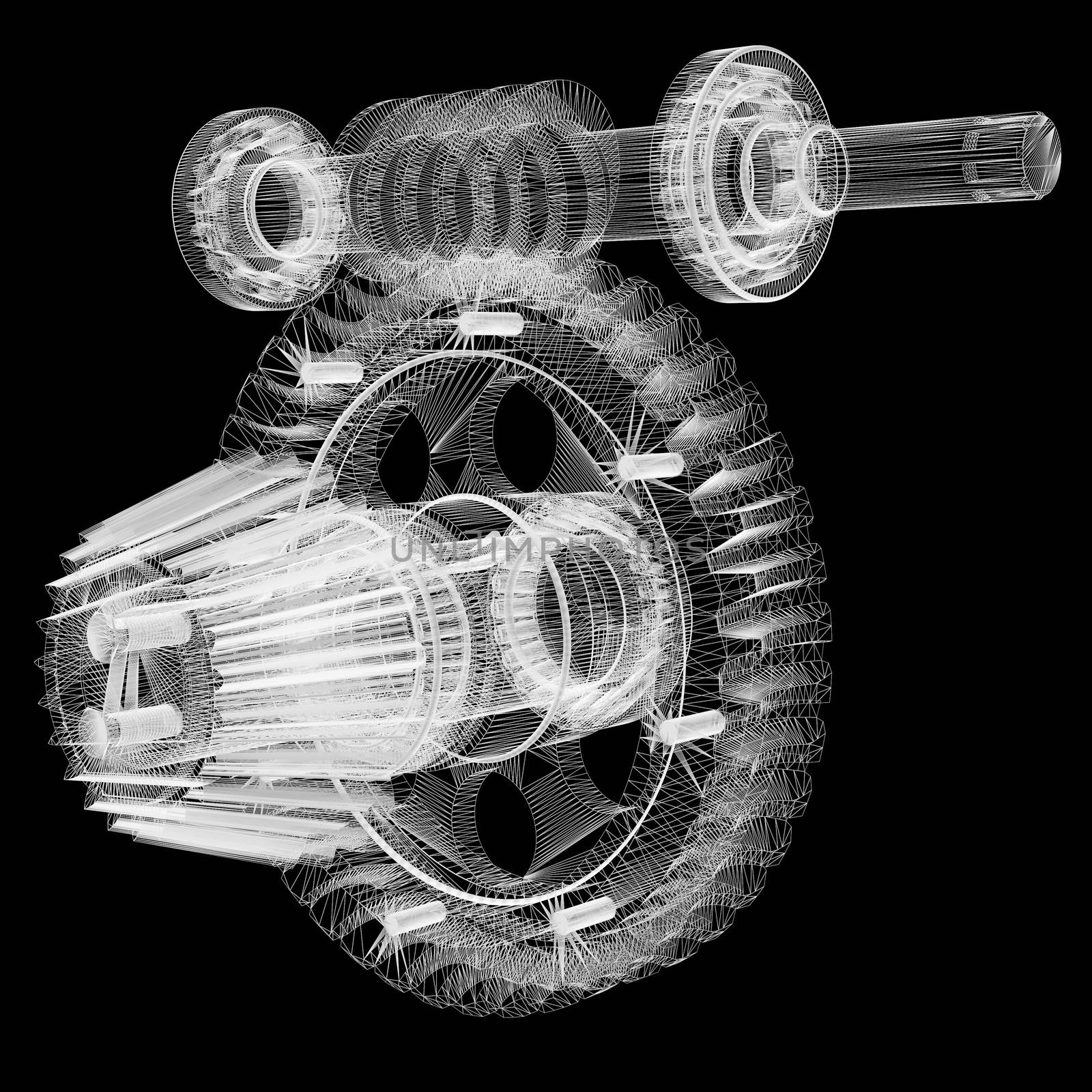 Wire frame gears. 3d rendering on black background