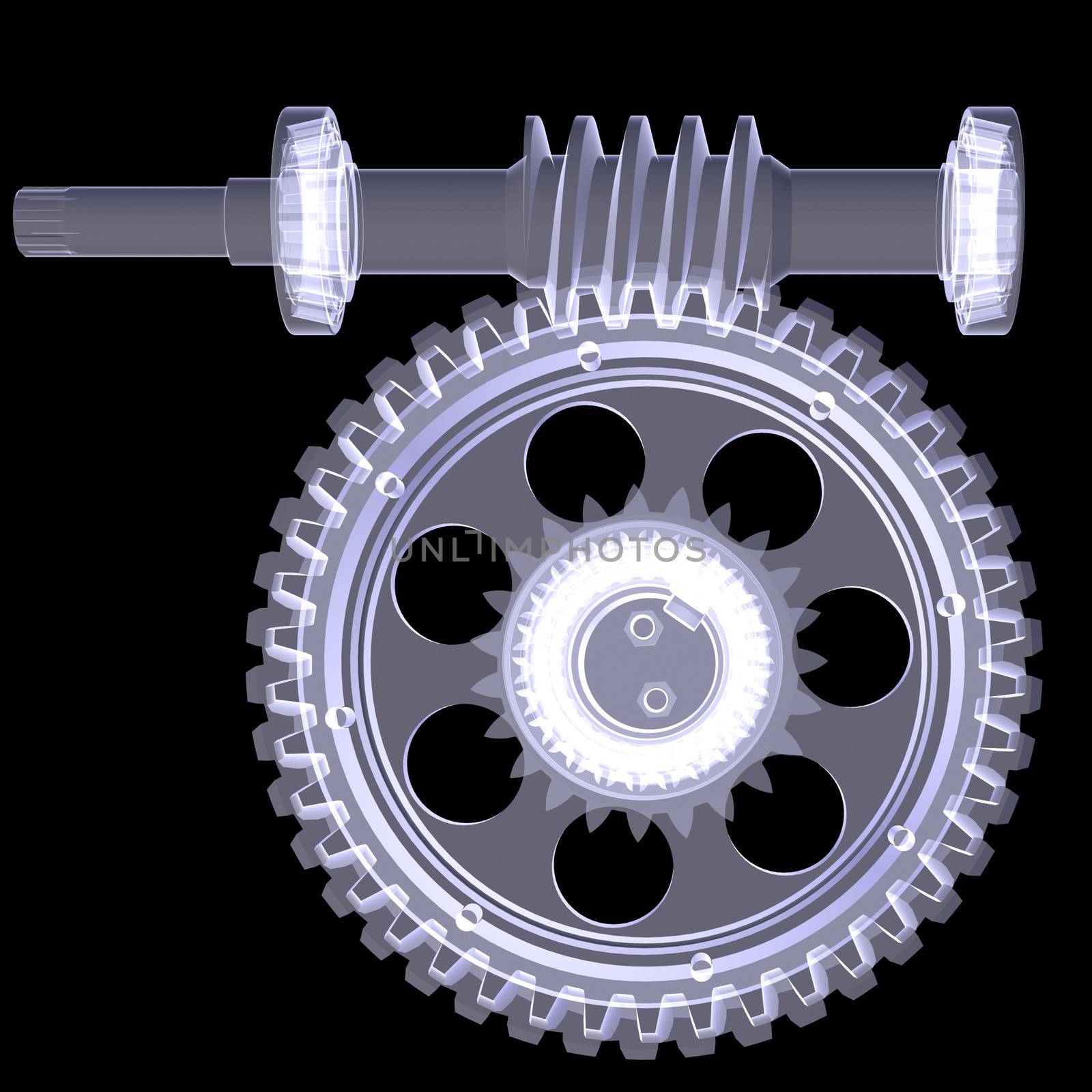 White shafts, gears and bearings. X-ray render isolated on black background