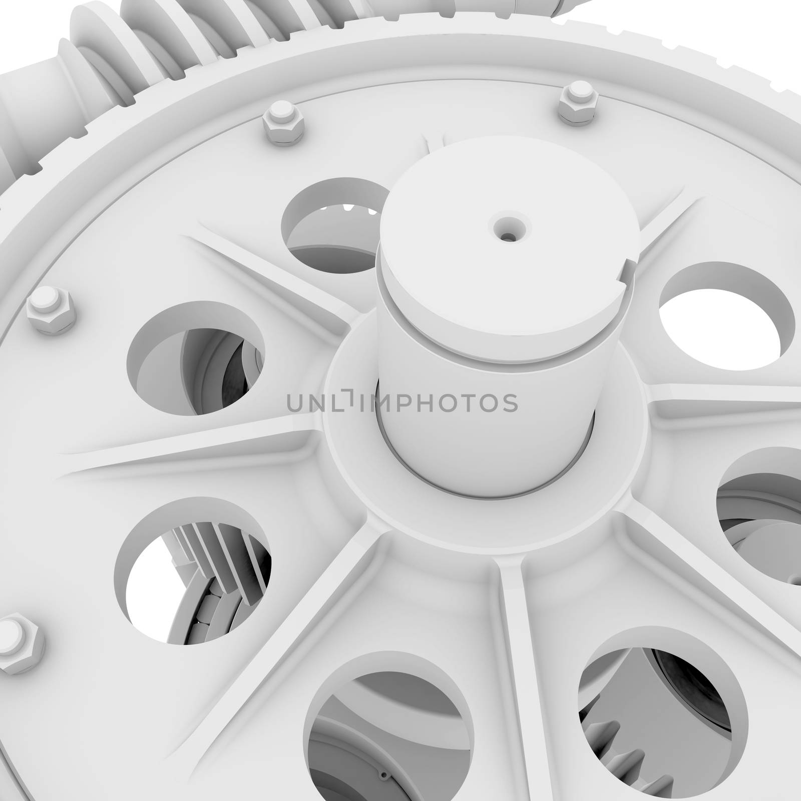 White shafts, gears and bearings. 3d render on white background