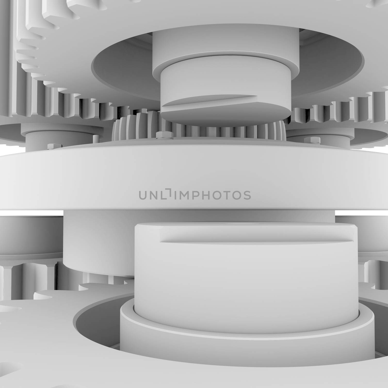 White shafts, gears and bearings. 3d render on white background