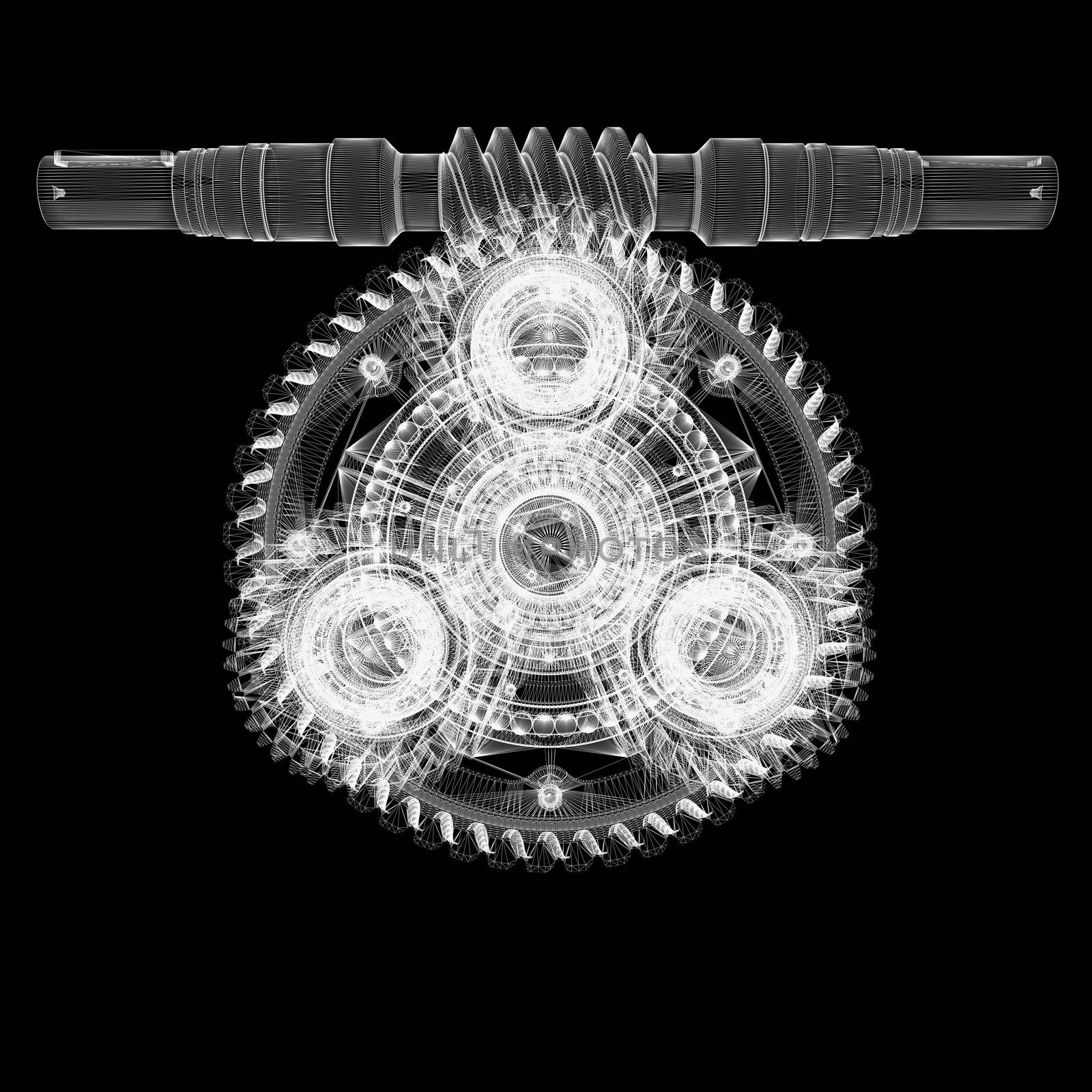 Wire frame gears. 3d rendering on black background