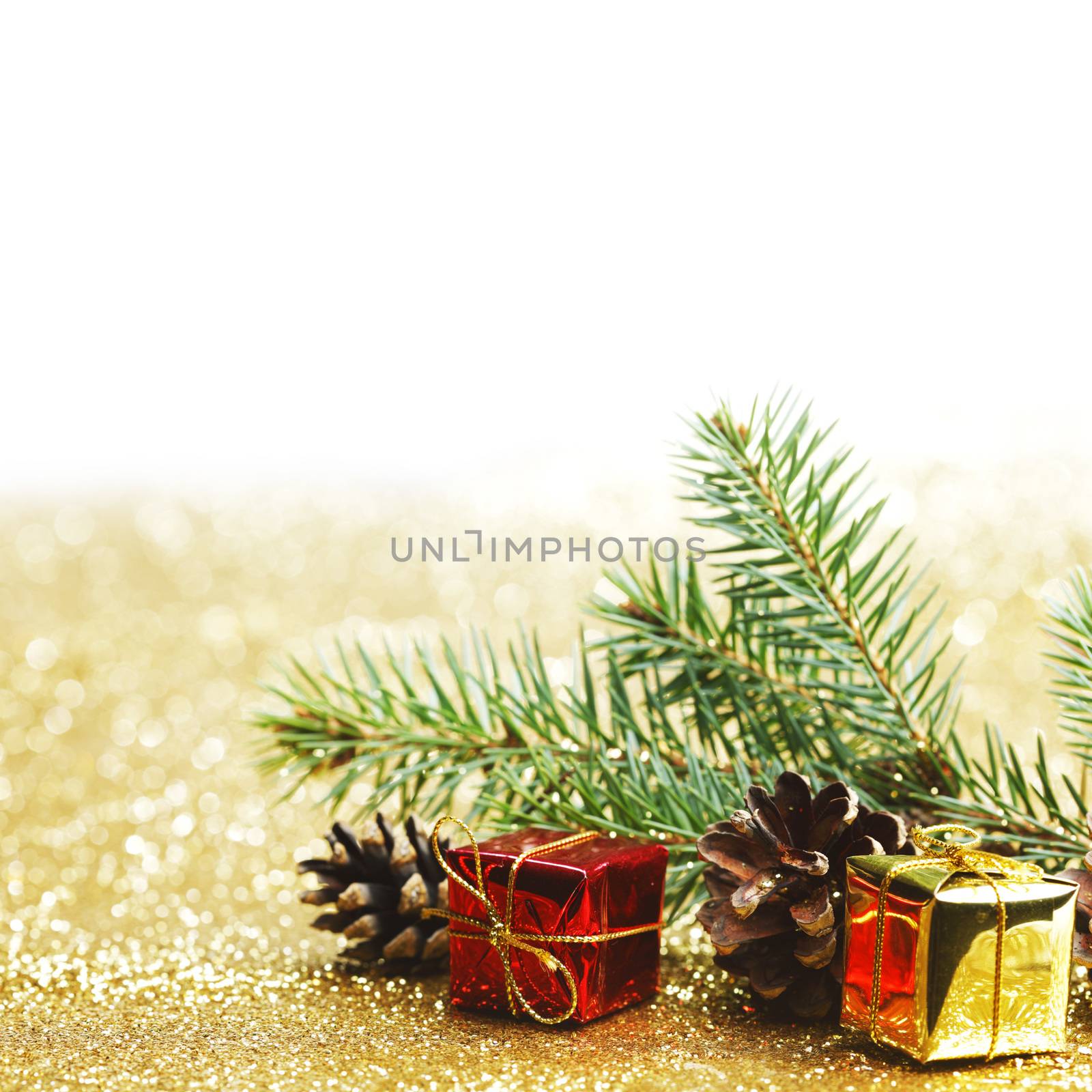 New year card with fir branch and gifts