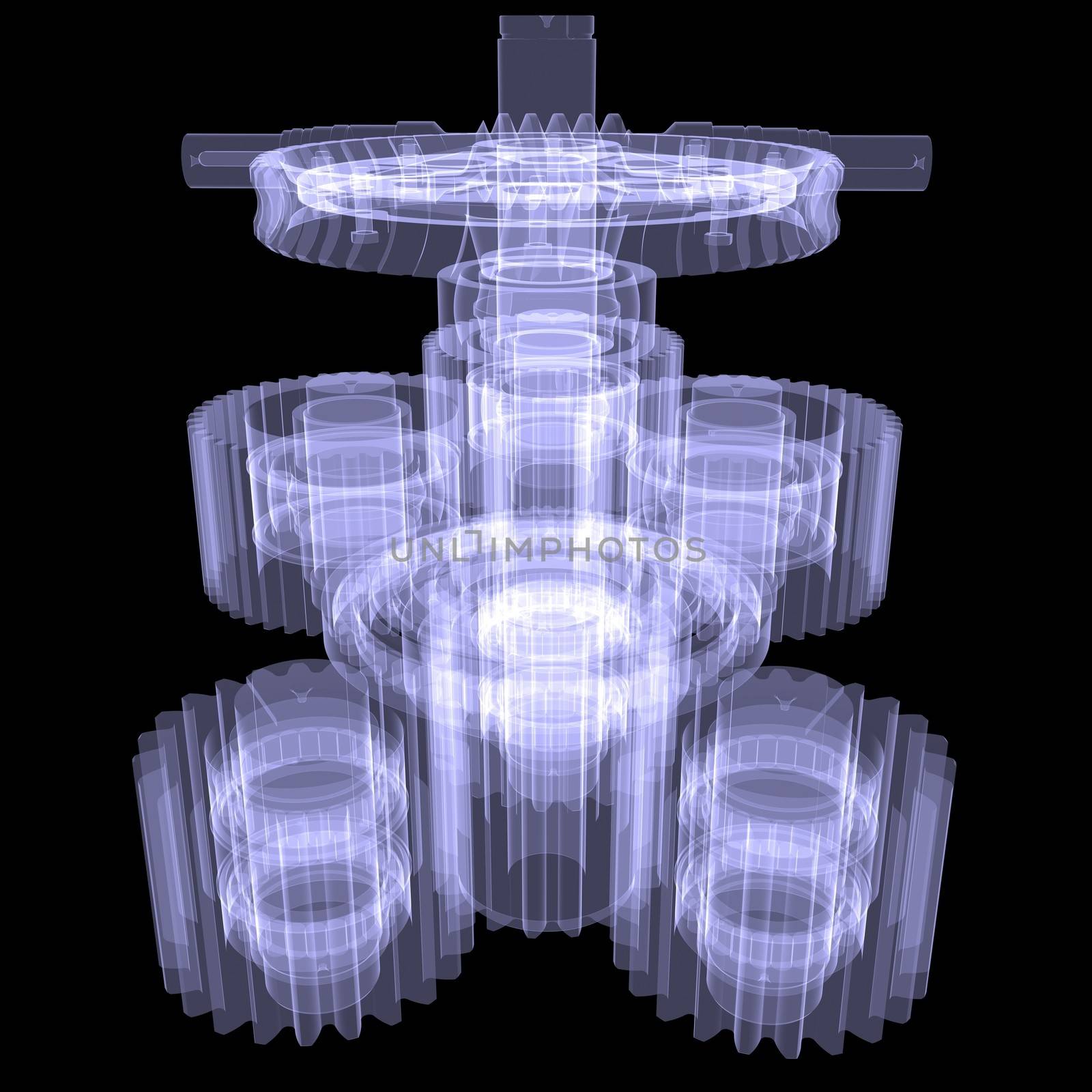 White shafts, gears and bearings. X-ray render isolated on black background