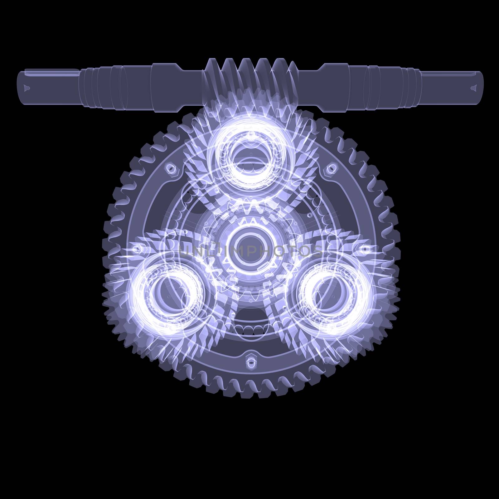 White shafts, gears and bearings. X-ray render isolated on black background