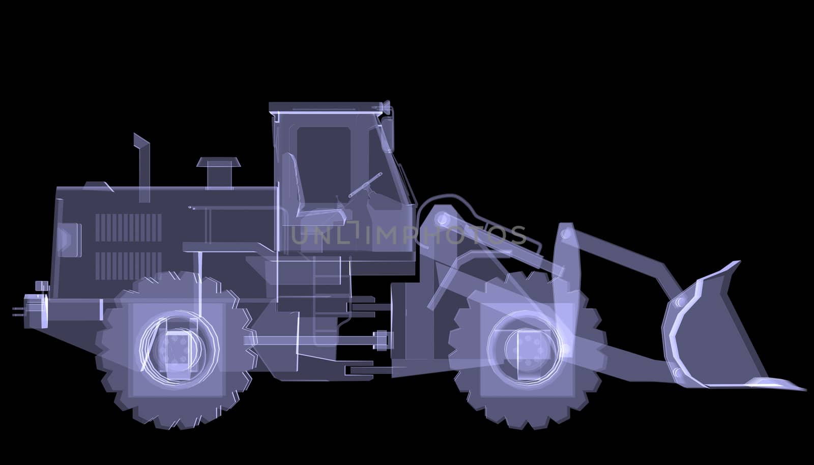 Bulldozer. X-ray. 3d render isolated on a black background