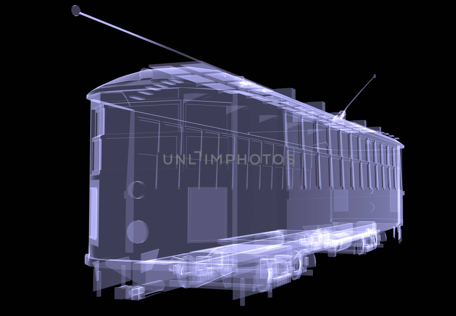 Tram. X-ray. 3d render isolated on a black background