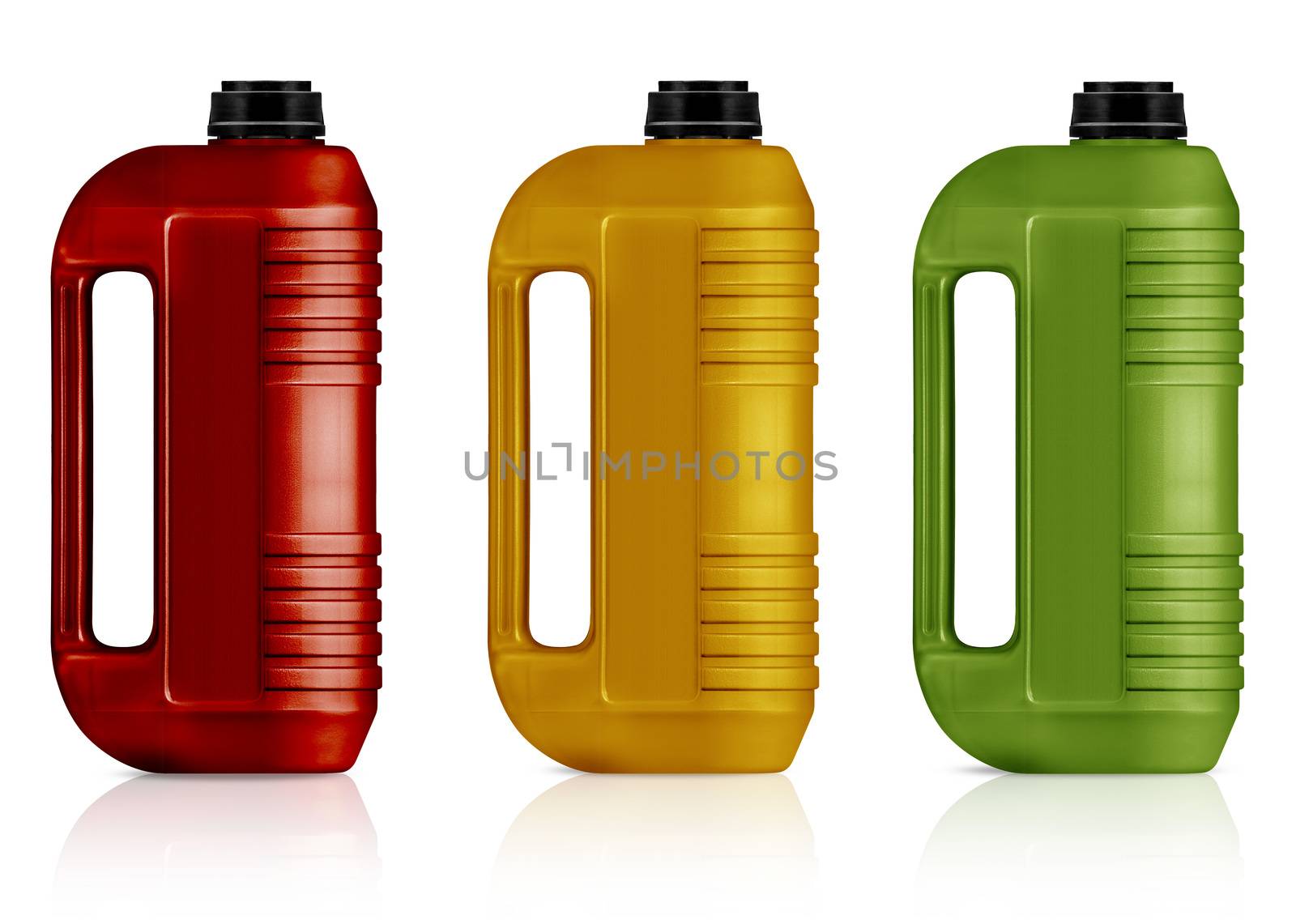 Red, yellow, green plastic gallon, jerry can isolated on a white background. (with clipping work path)