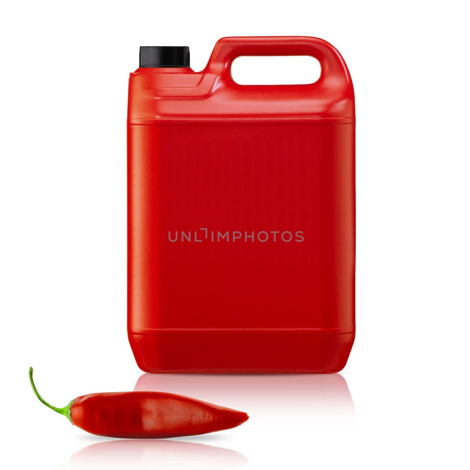 Hot chili pepper sauce in plastic gallon on a white background (with clipping work path)