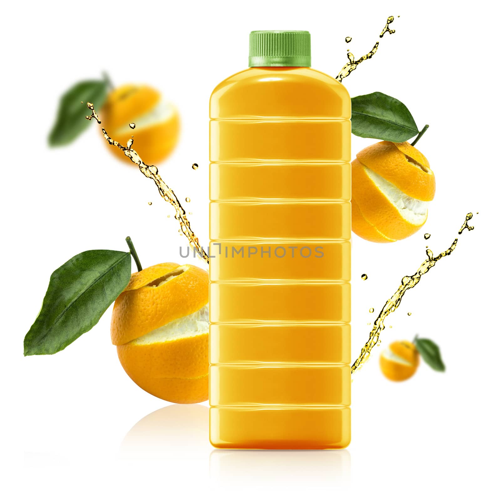 Orange juice in a plastic container jug with fresh orange and leaves on a white background.