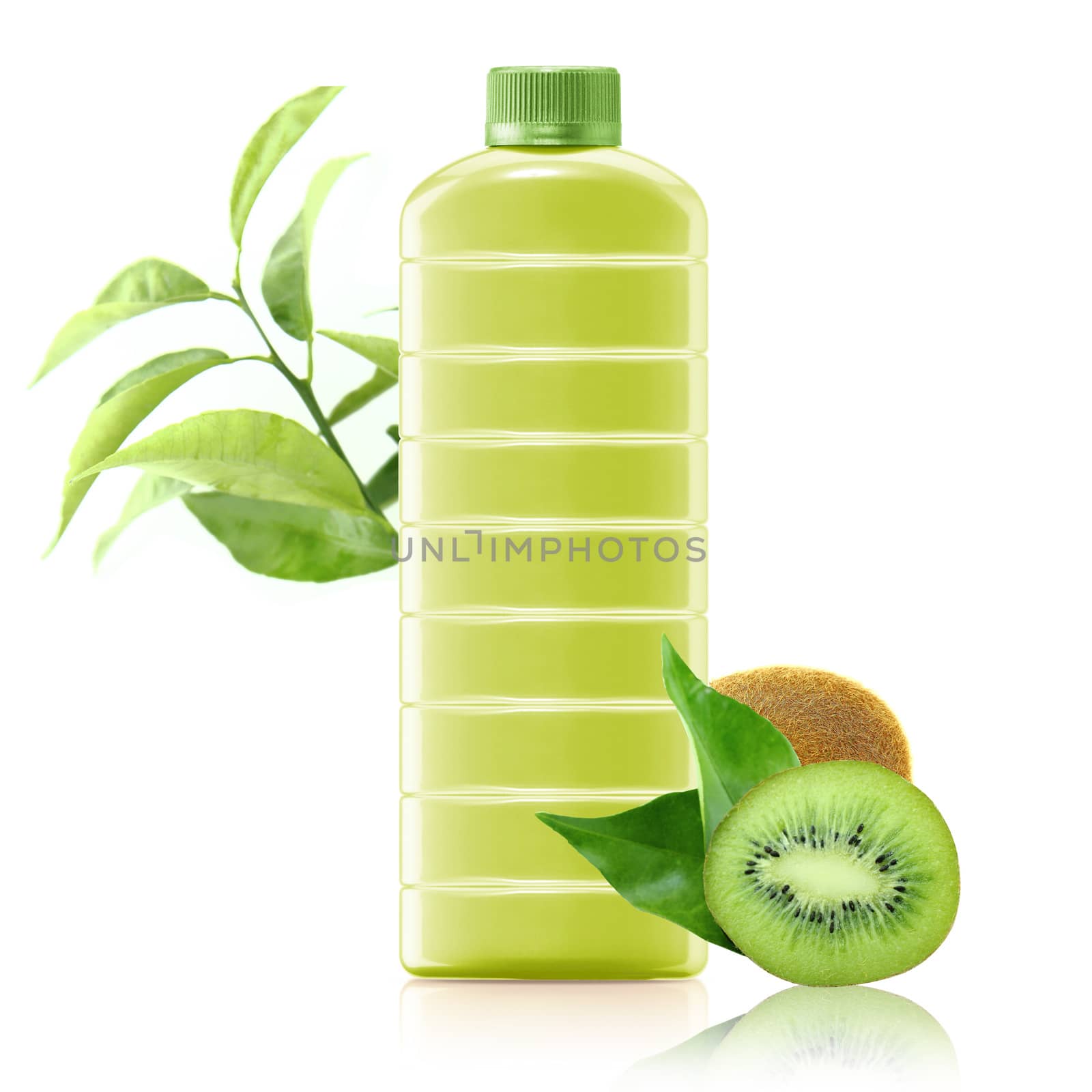 kiwi juice in a plastic container jug with fresh kiwi and leaves on a white background.