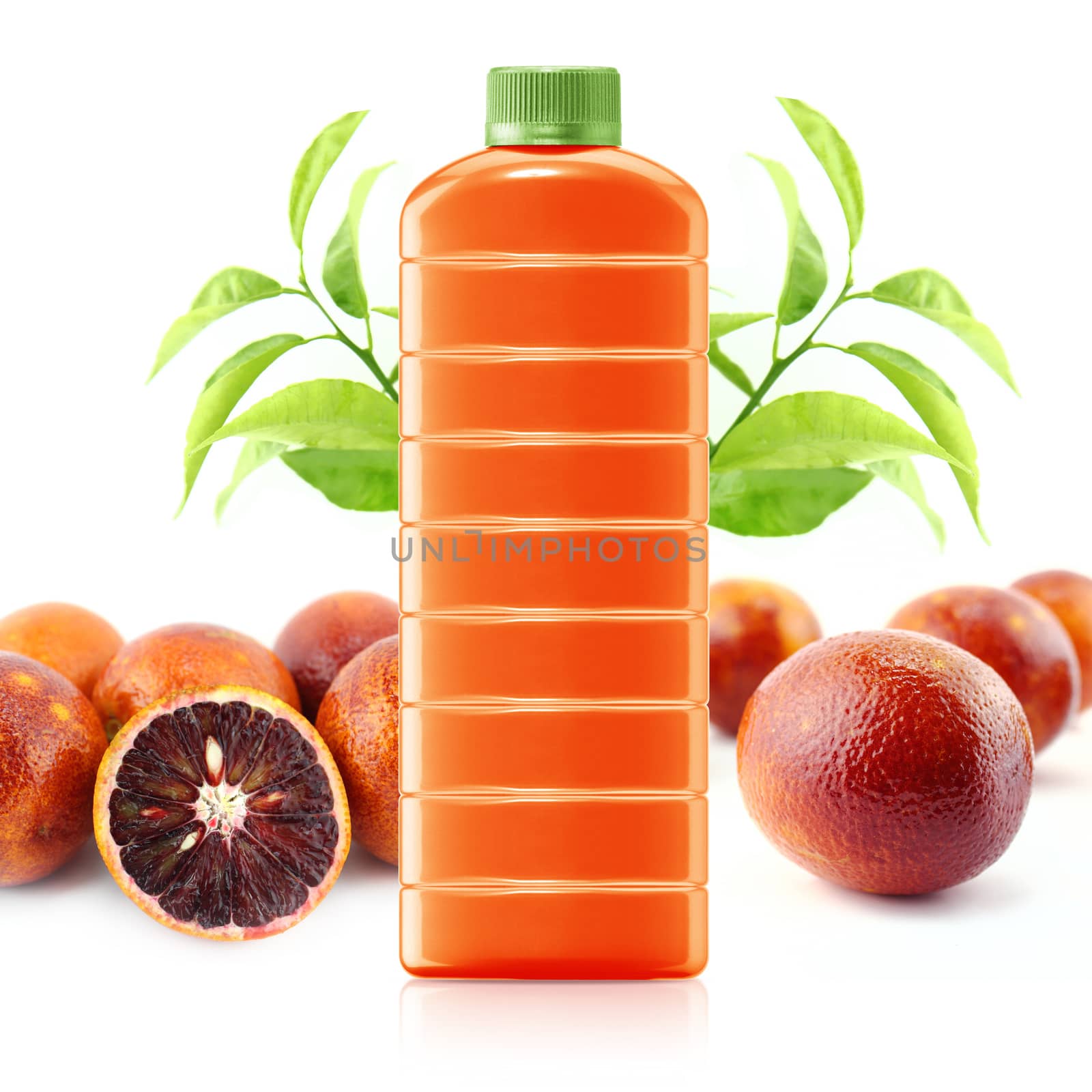Red Orange juice in a plastic container jug with fresh orange and leaves on a white background.