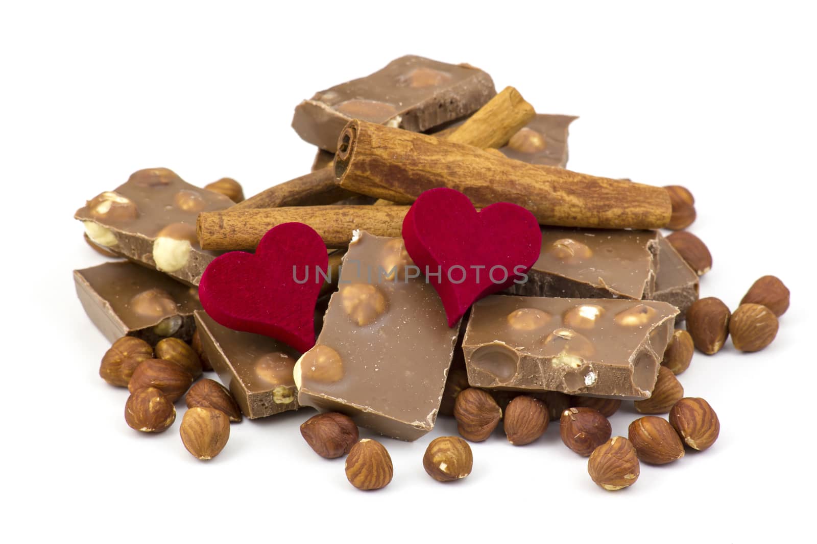 delicious chocolate, nuts, cinnamon and hearts
