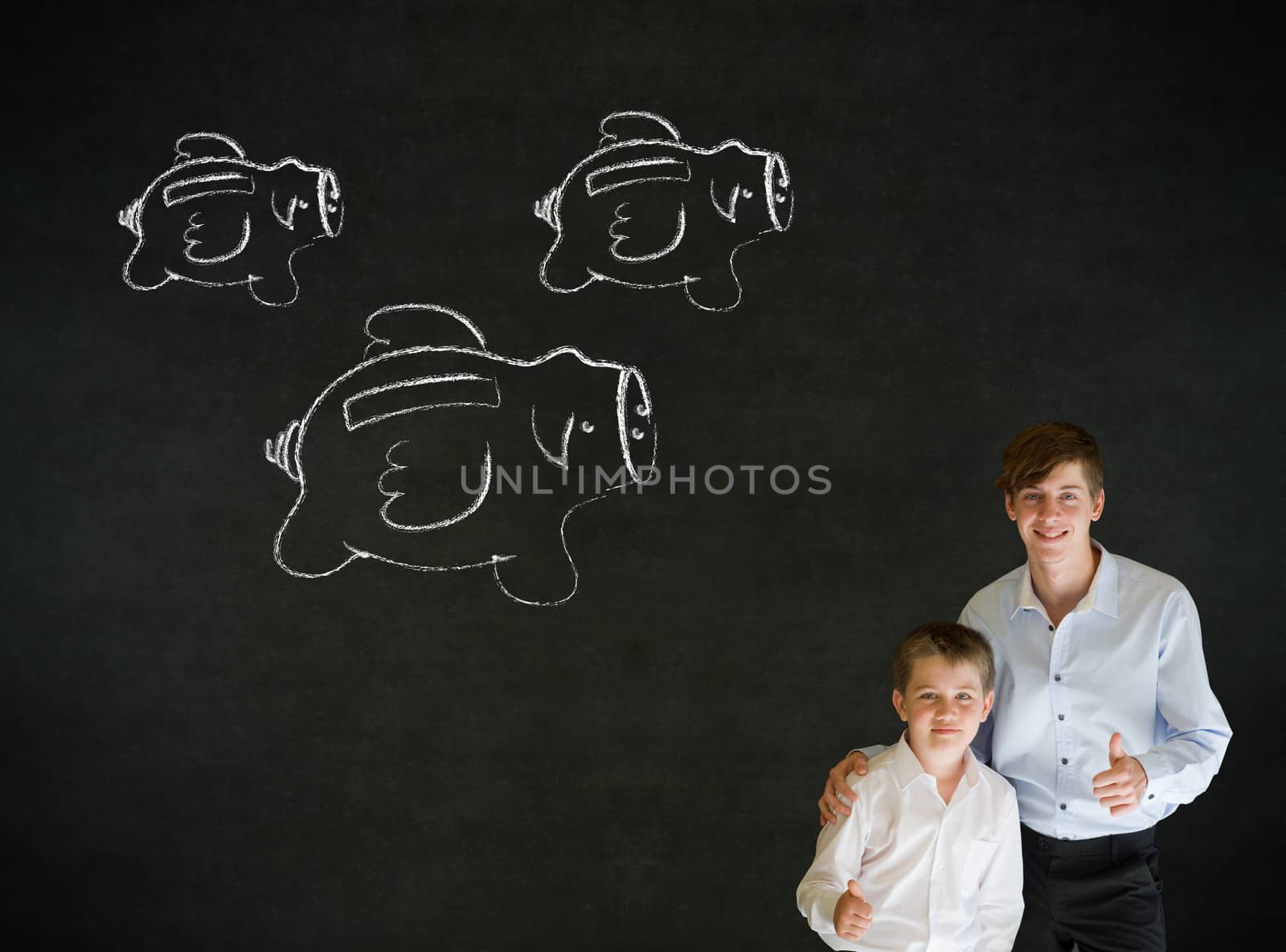 Young business boy with flying money piggy banks in chalk on blackboard background