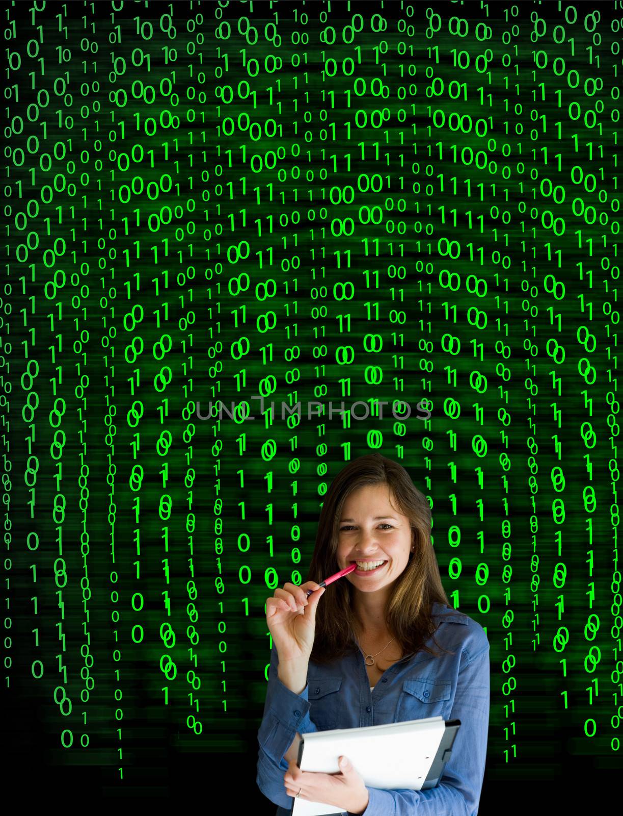 Nerd computer businesswoman on matrix binary background