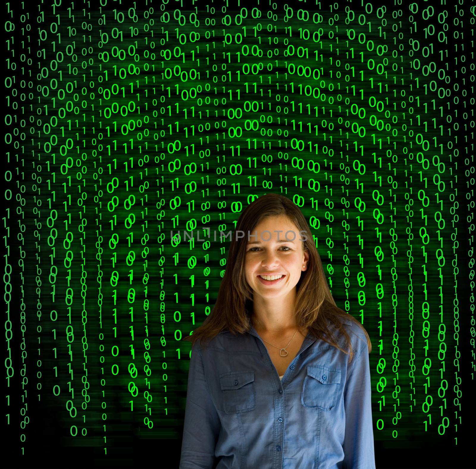 Nerd computer businesswoman on matrix binary background by alistaircotton
