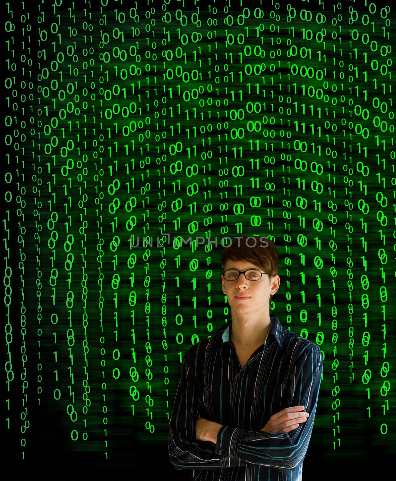 Nerd computer businessman on matrix binary background by alistaircotton