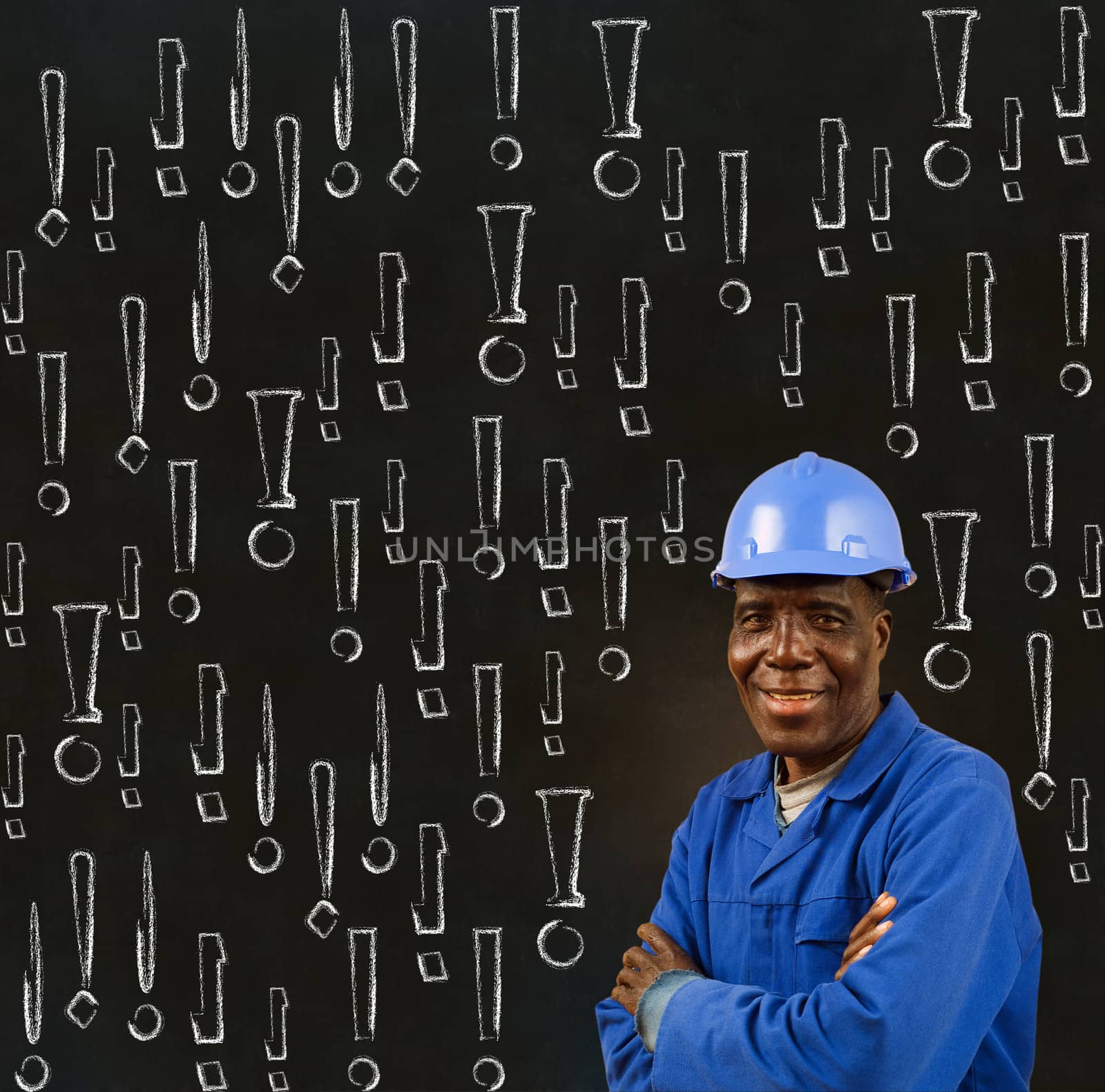 African American black man worker with chalk safety warning exclamation marks by alistaircotton