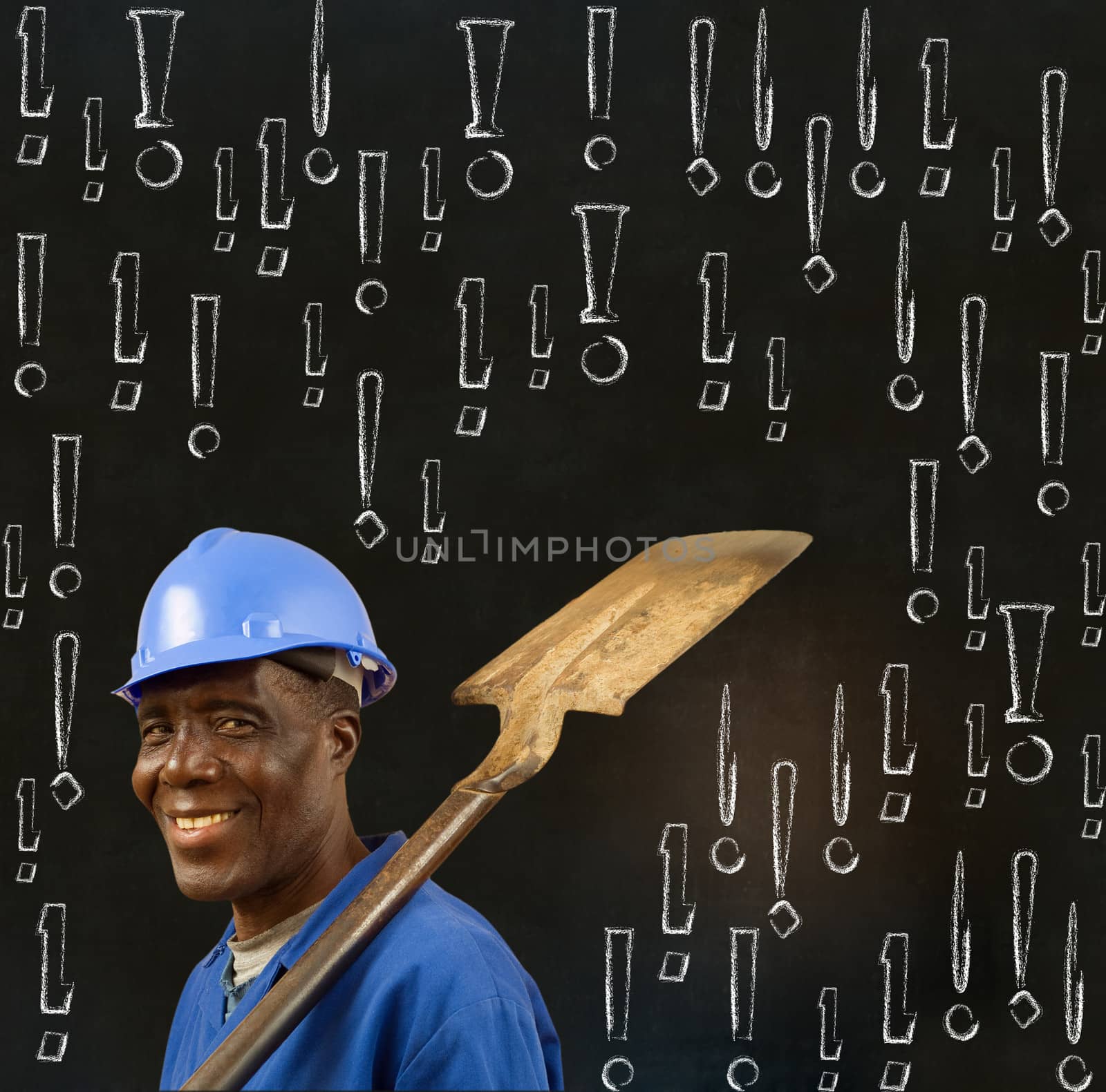 African American black man worker with chalk safety warning exclamation marks on blackboard background