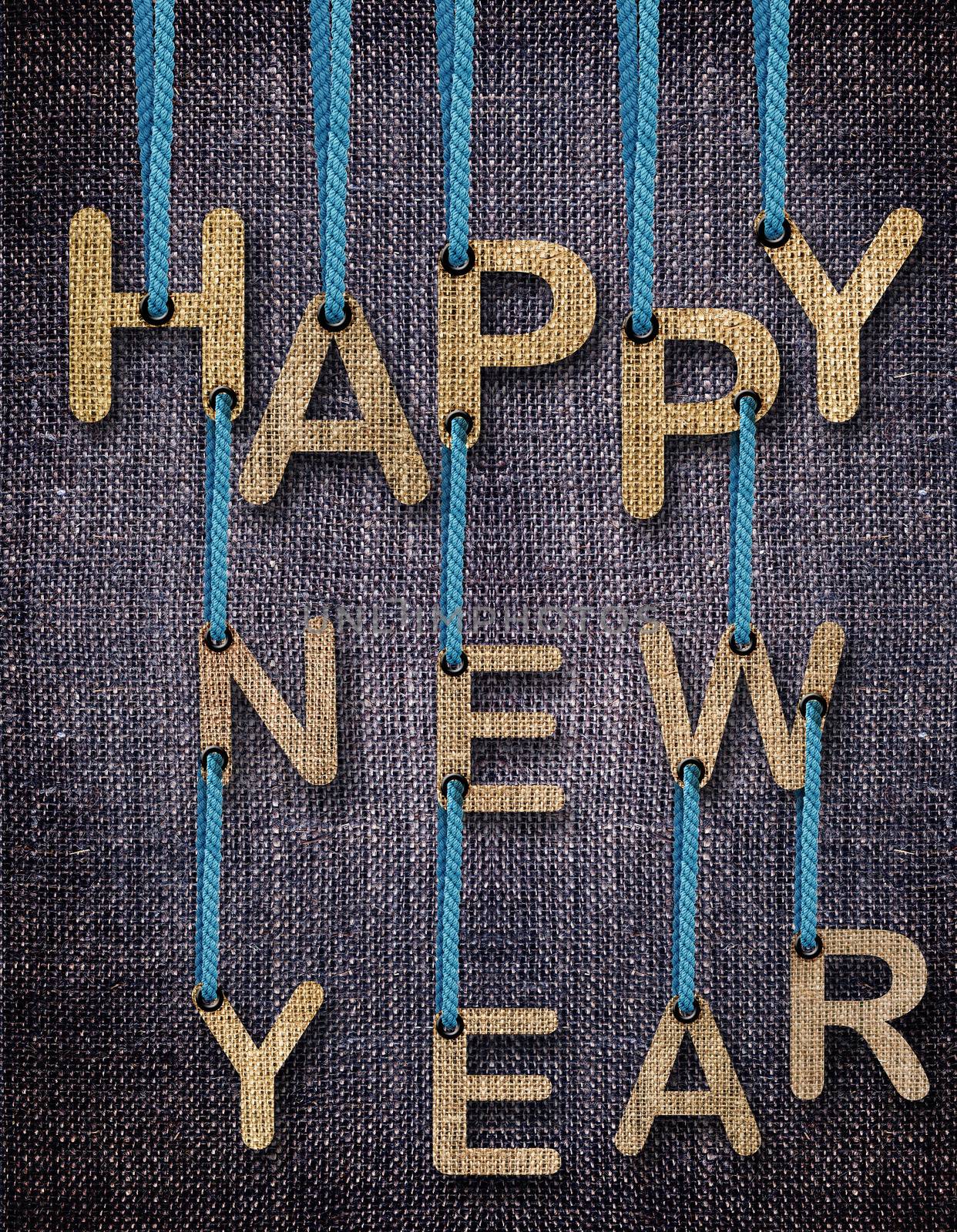 Happy New Year Letters hanging strings with blue sackcloth background.