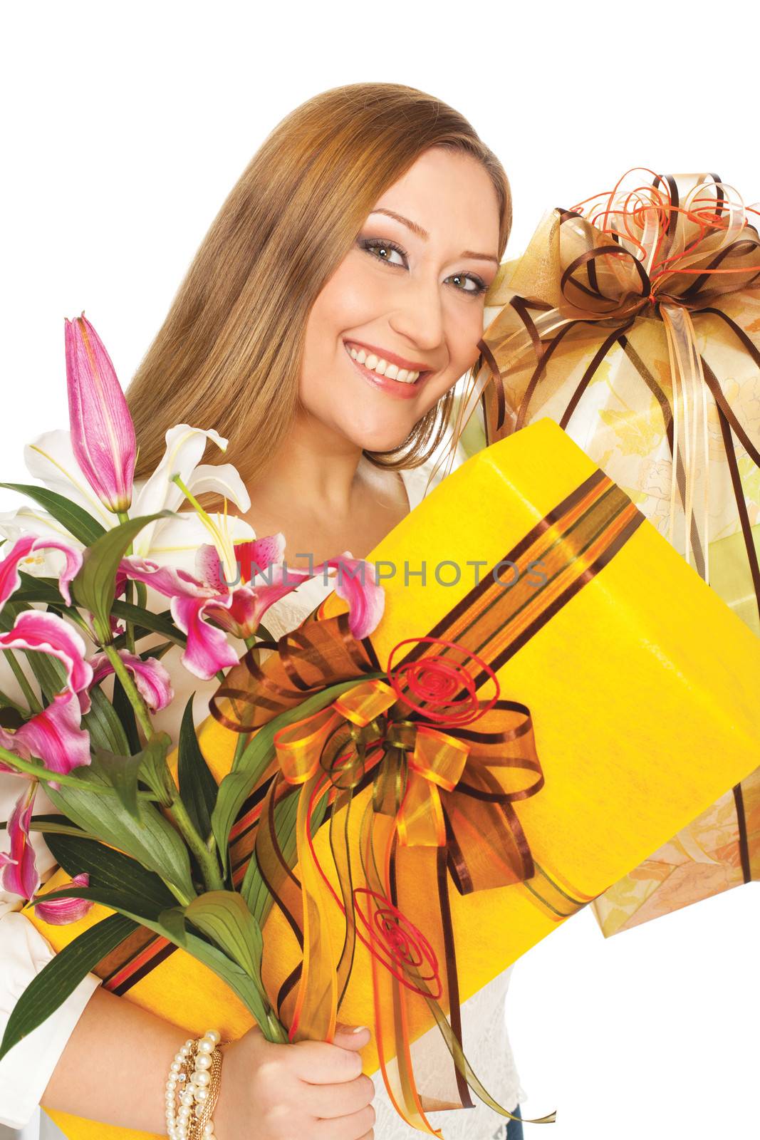 smiling woman with christmas presents on white background