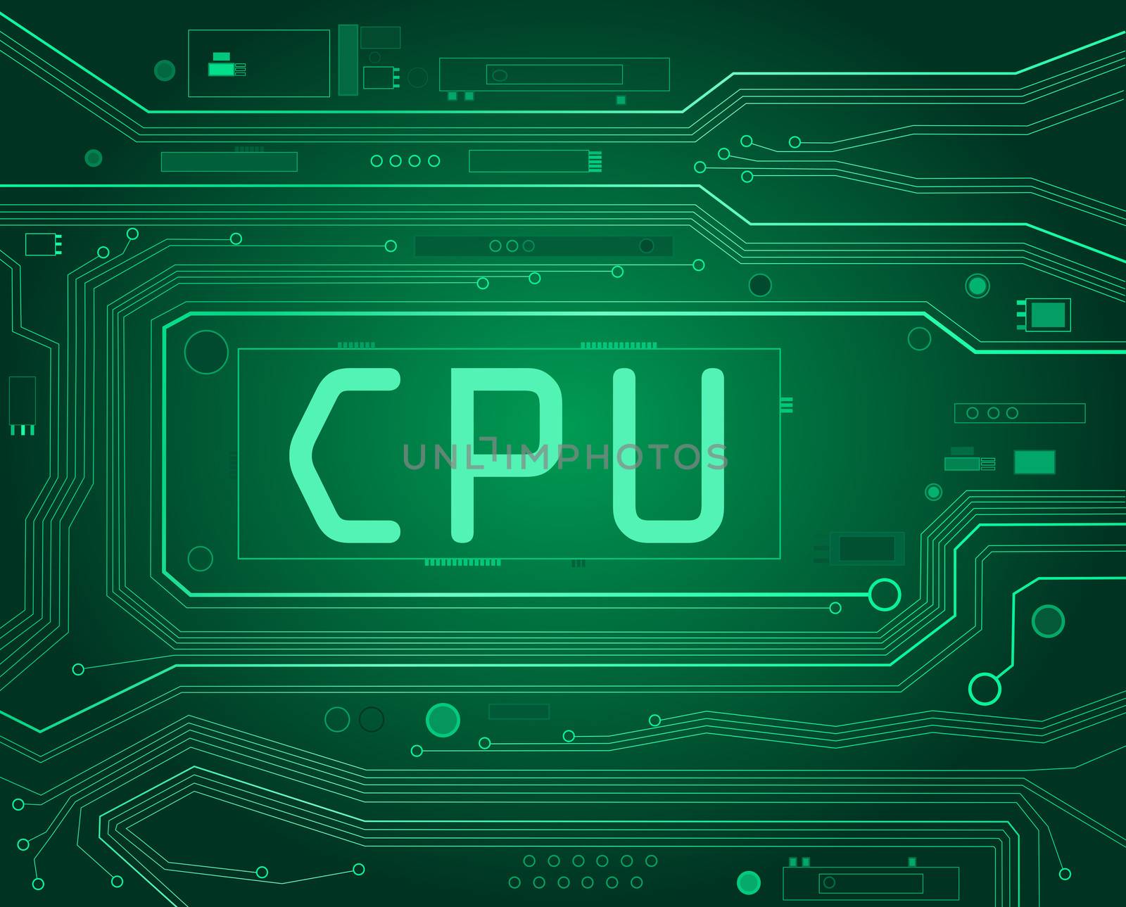 Abstract style illustration depicting printed circuit board components with a CPU concept.