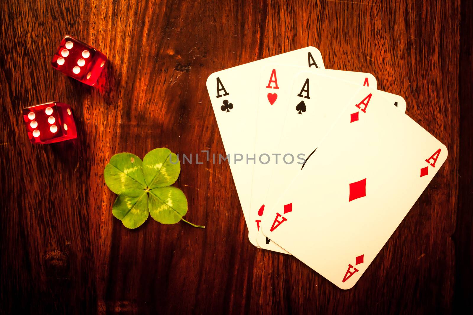 Gambling items on a wooden table