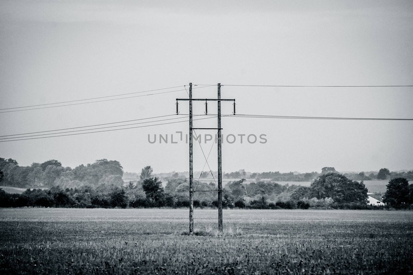 Black and white photo of pylons in a countryside scenery