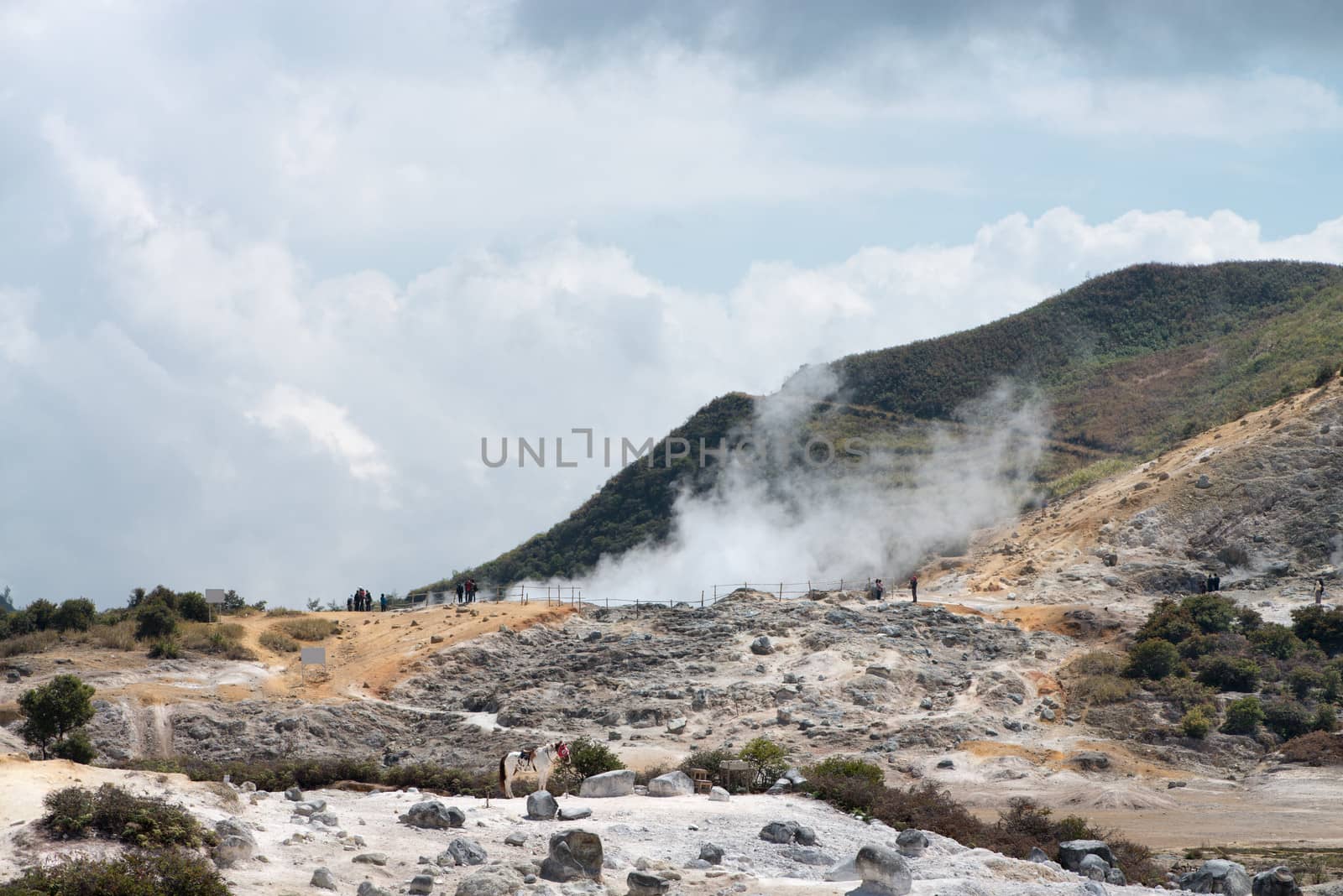 Smoking volcanic Sikidang crater, Dieng plateau, Java, Indonesia