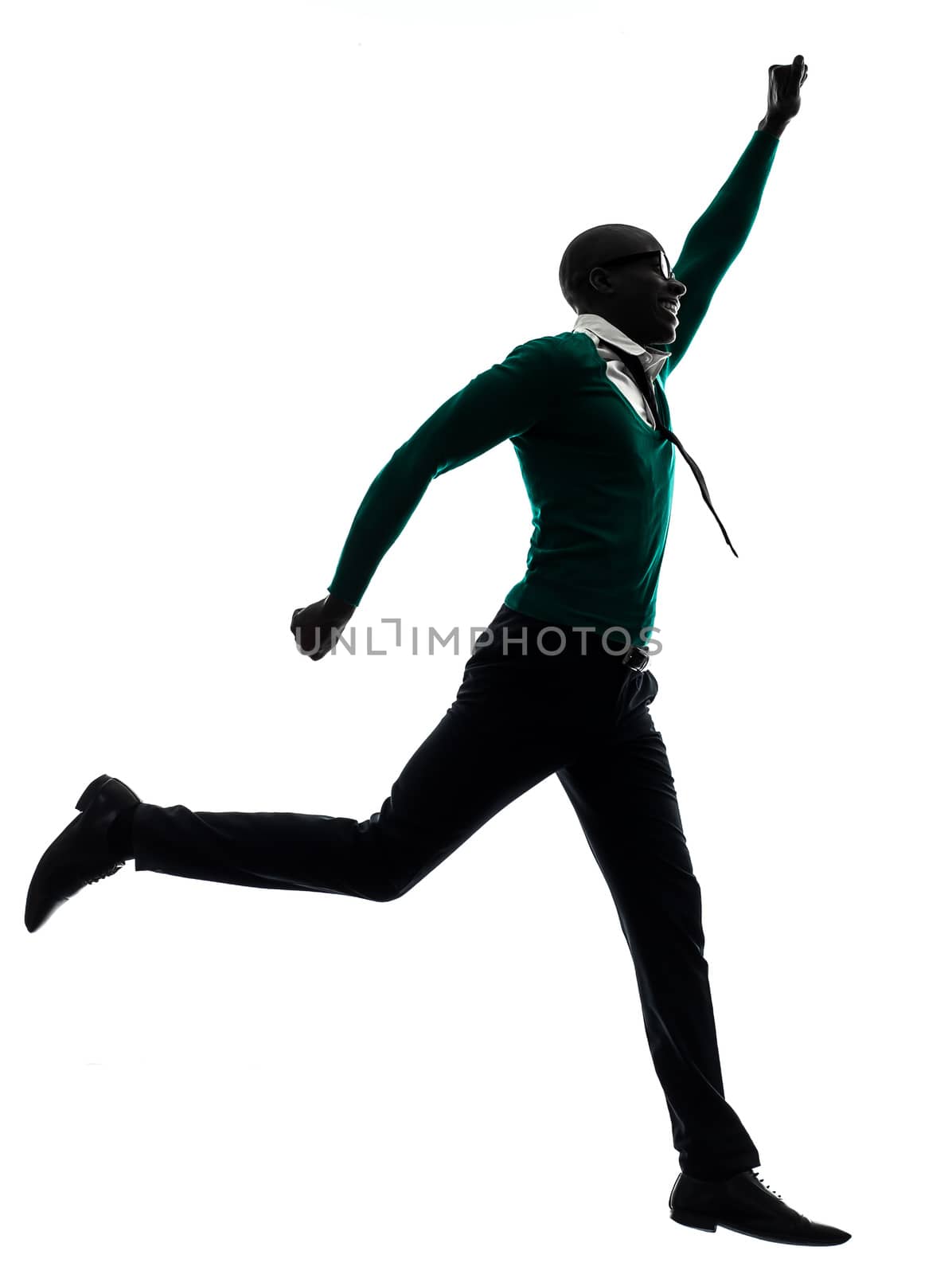 one african  black man  jumping happy  in silhouette studio on white background