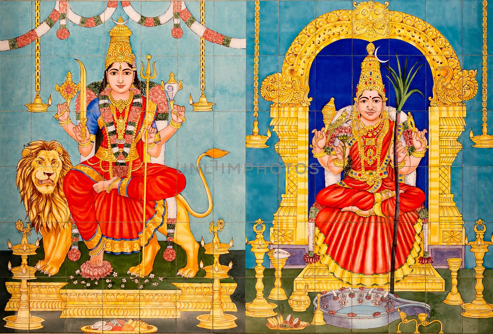 Traditional painted images of Hindu God in Sri Mahamariamman Indian Temple, Kuala Lumpur, Malaysia 