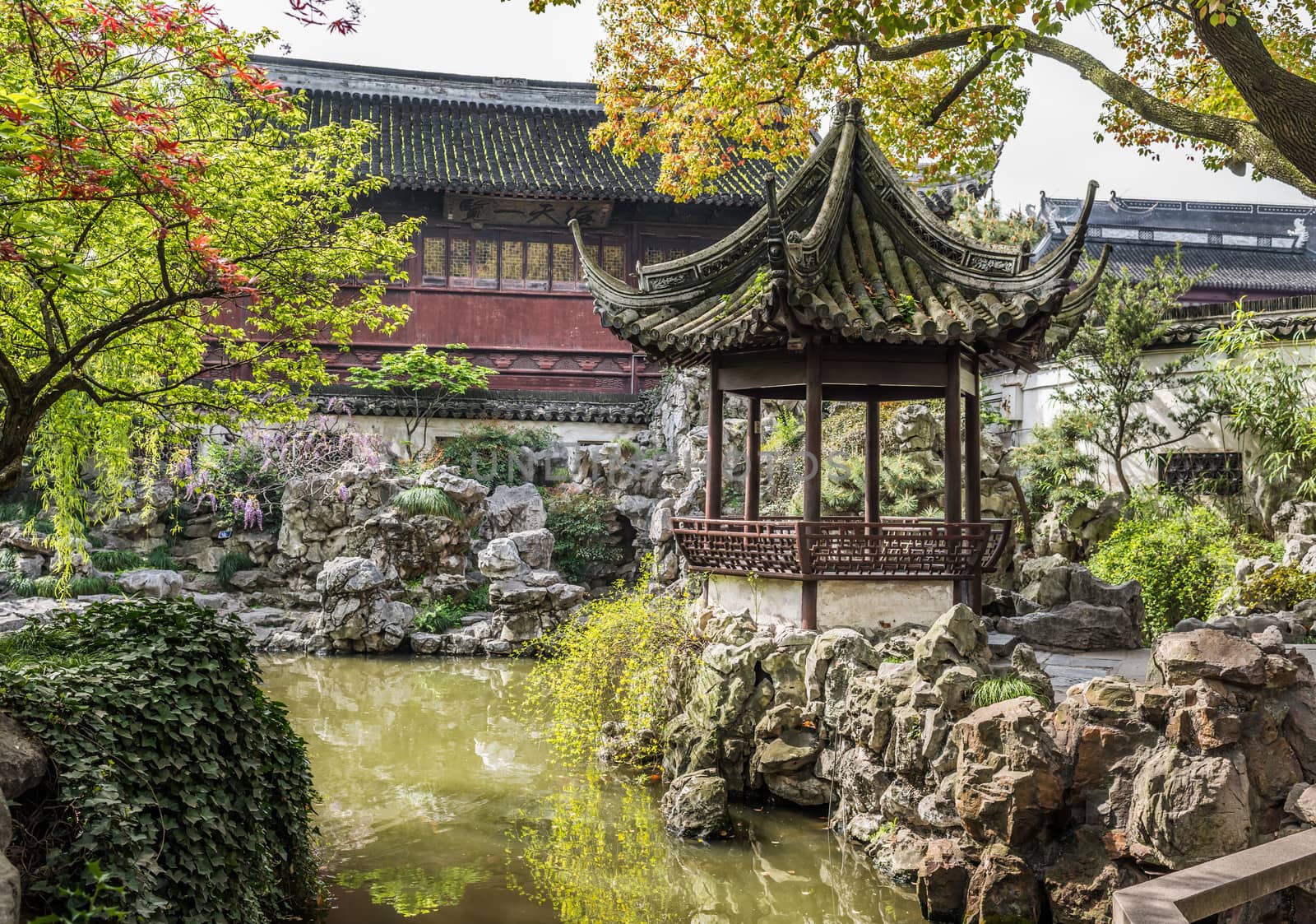 detail of the historic Yuyuan Garden created in the year 1559 by Pan Yunduan in shanghai china
