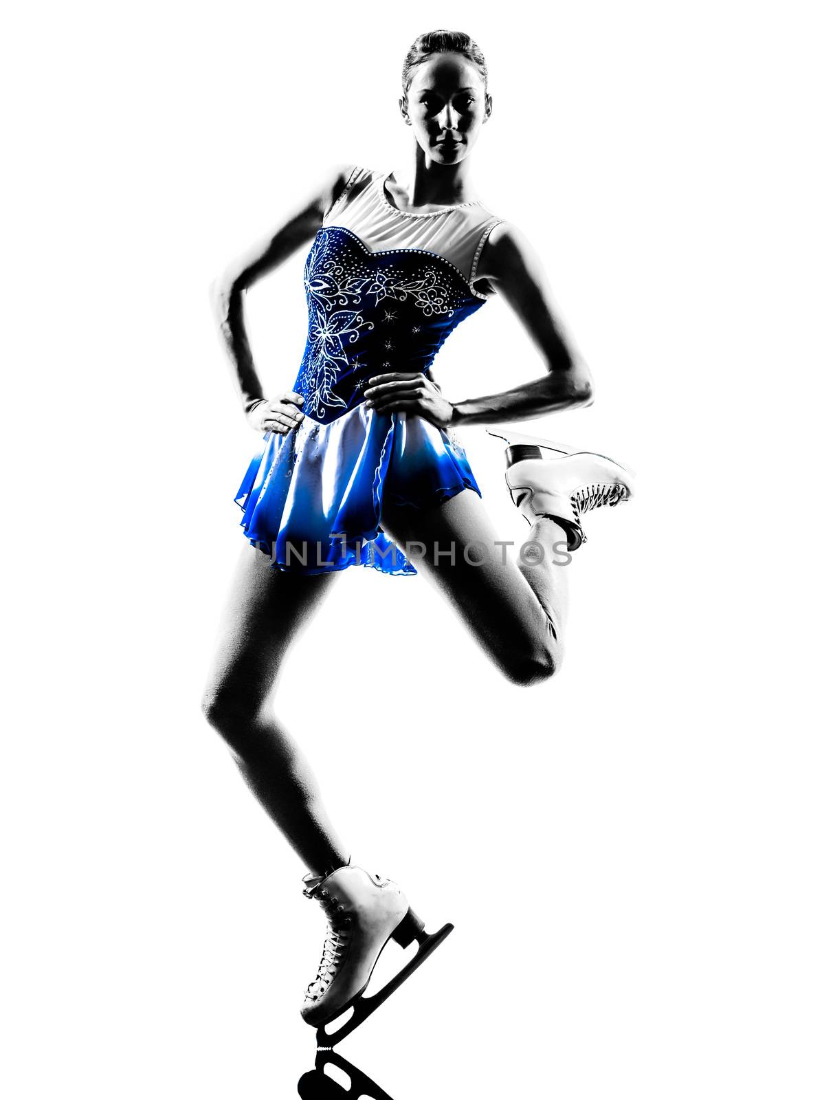 one caucasian woman  ice skater skating  in silhouette  on white background