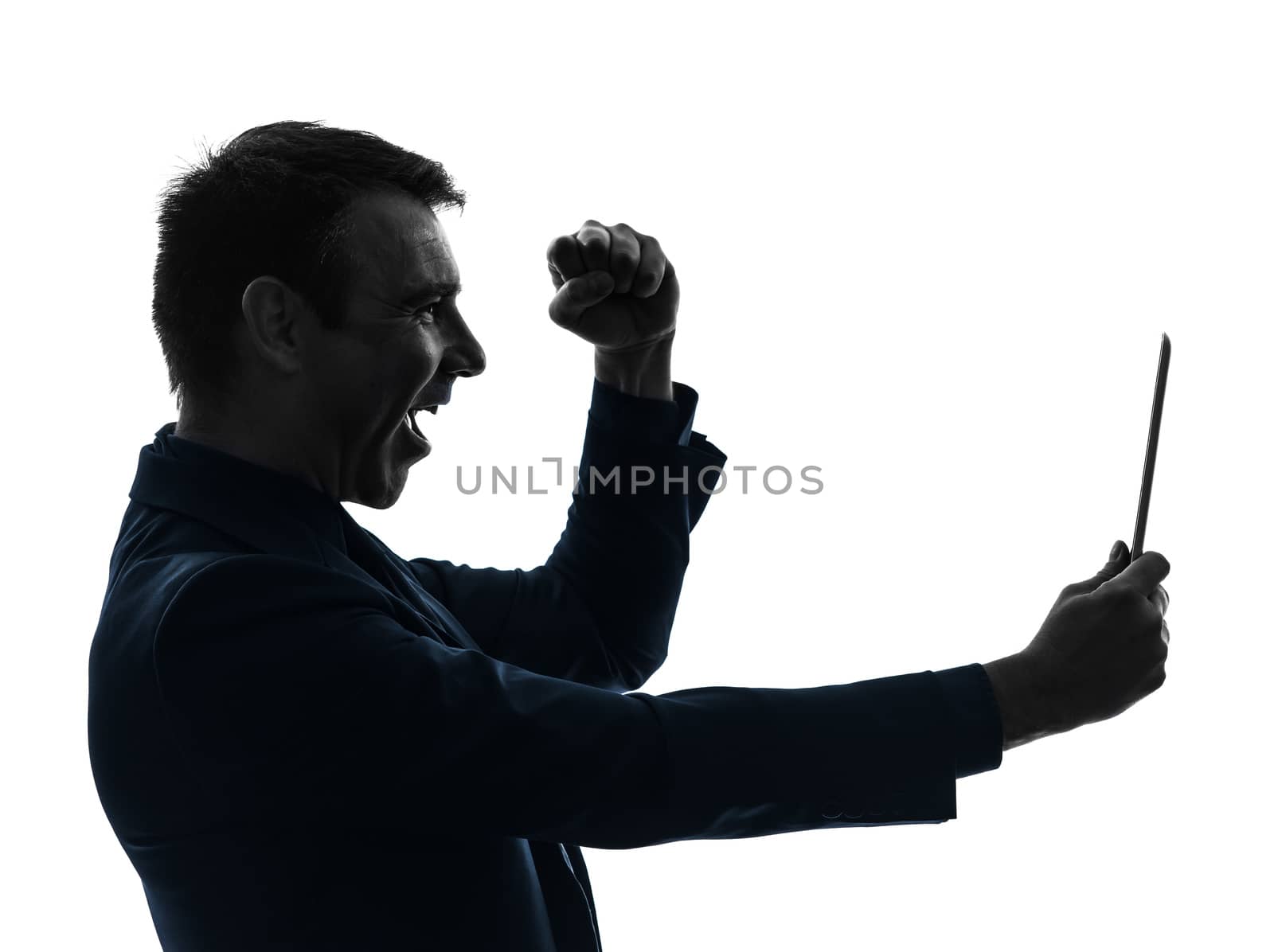 one caucasian business man holding digital tablet  happy joy   in silhouette on white background