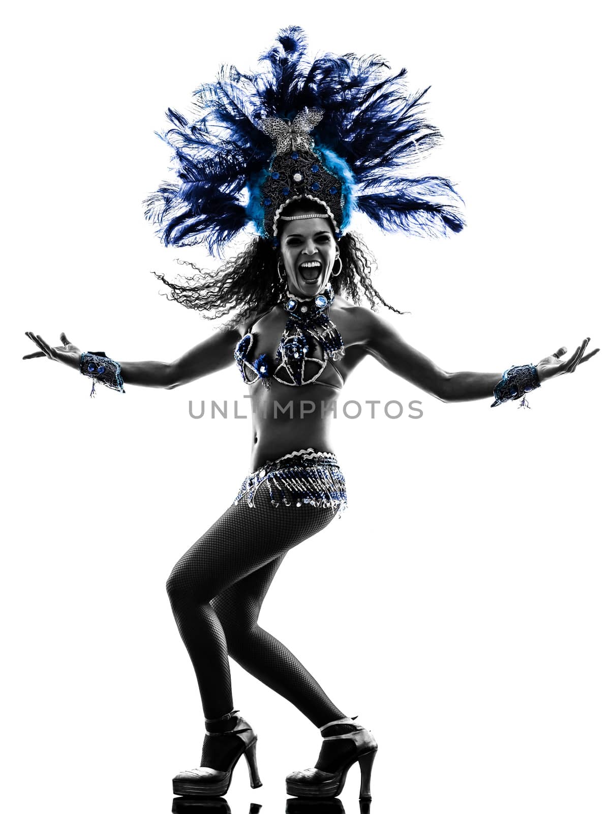 one caucasian woman samba dancer  dancing silhouette  on white background